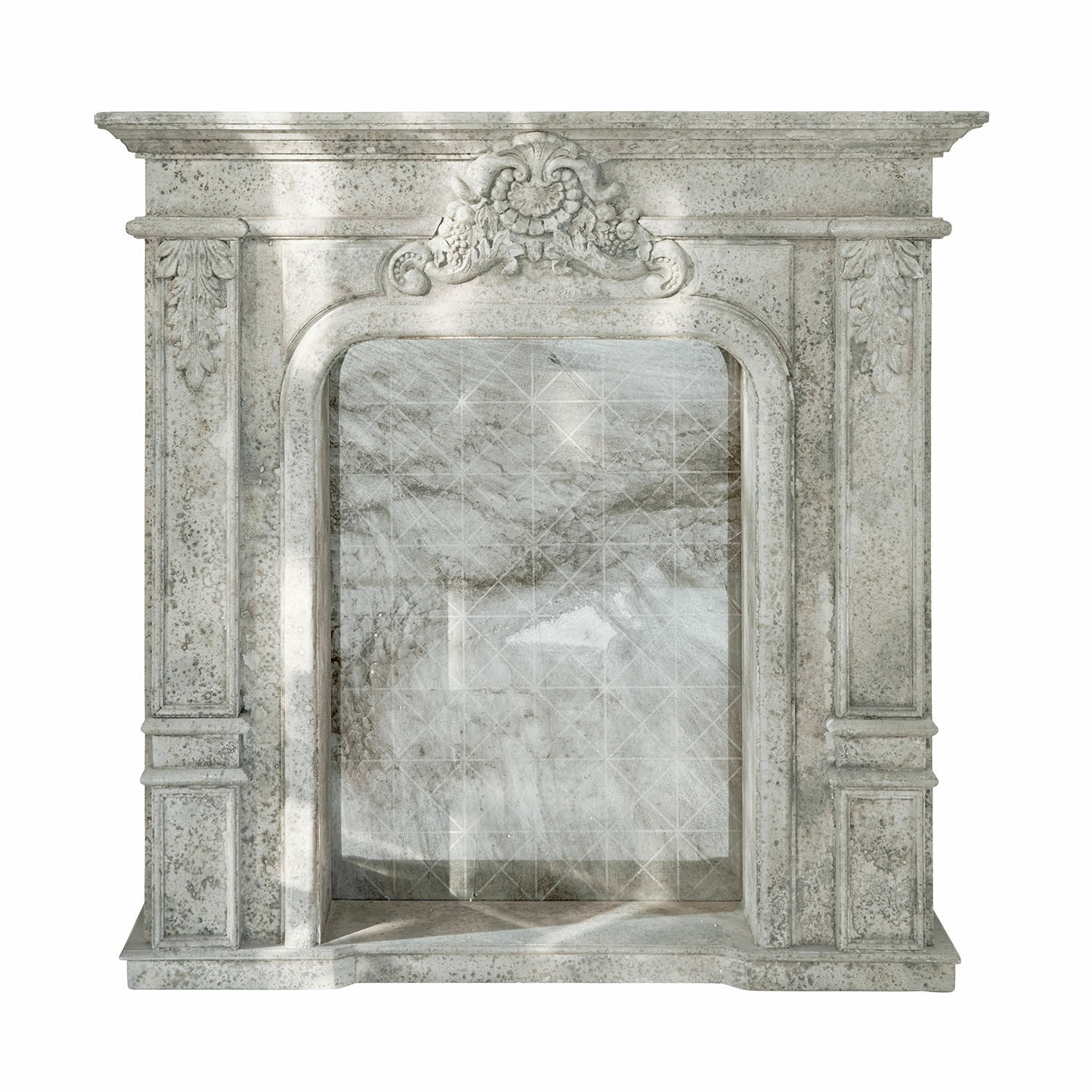 Consola de chimenea Rethonvillers Portal de chimenea clásico de mármol claro con relieve decorativo superior y patrón gris marmoleado