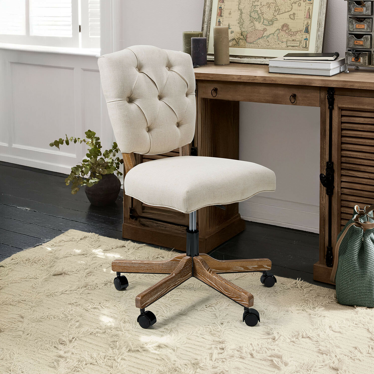 Silla de escritorio Havenleigh Silla de oficina giratoria beige con base de madera y ruedas, perfecta para oficina en casa