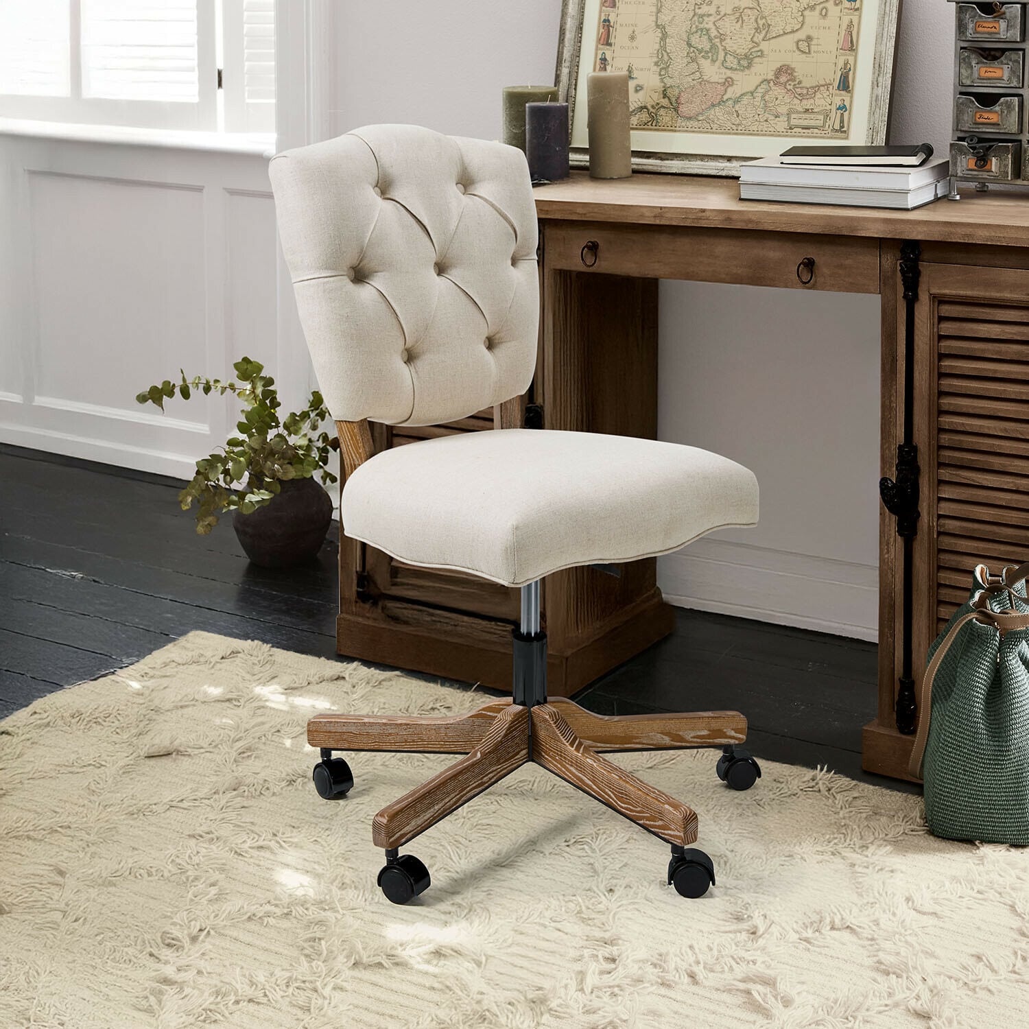 Silla de escritorio Havenleigh Silla de oficina giratoria beige con base de madera y ruedas, perfecta para oficina en casa