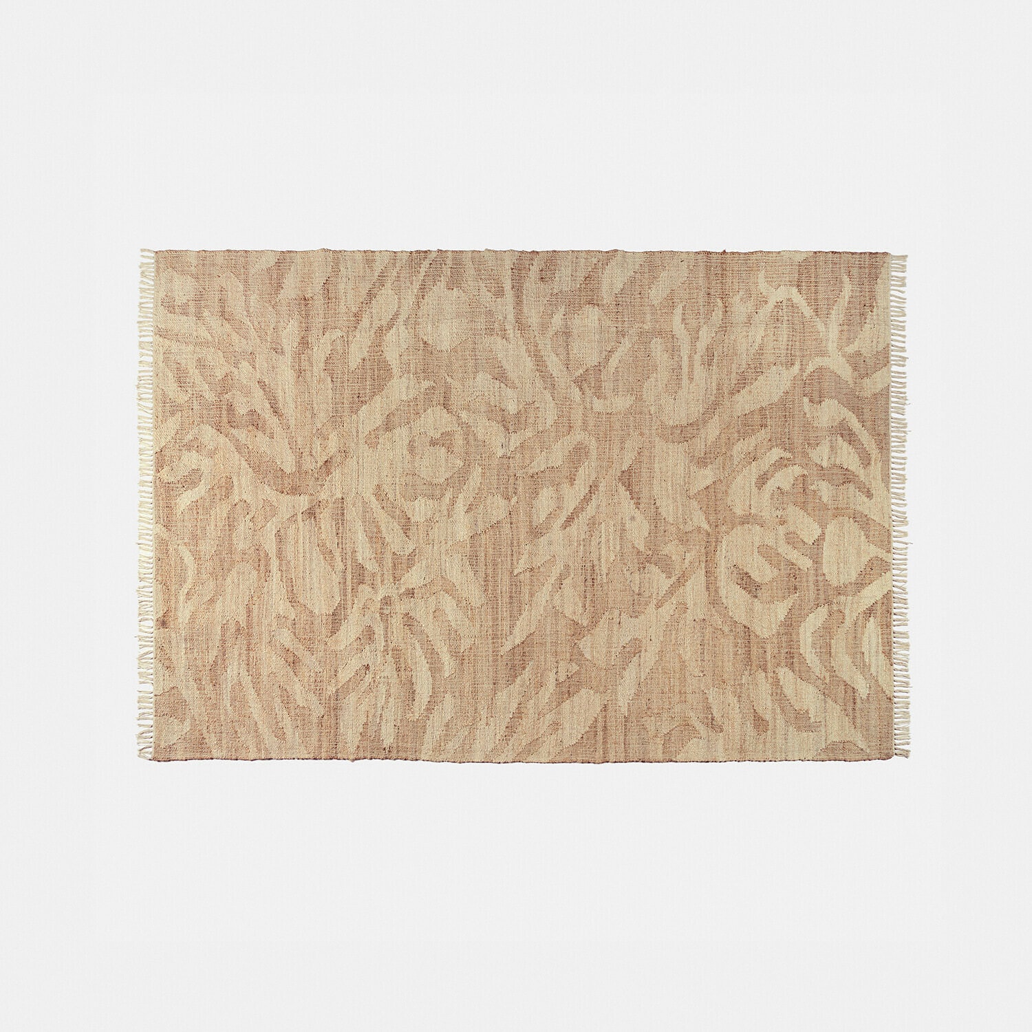 Alfombra Marsetta Alfombra beige de material natural con patrón sutil y flecos en los lados, decoración para interiores
