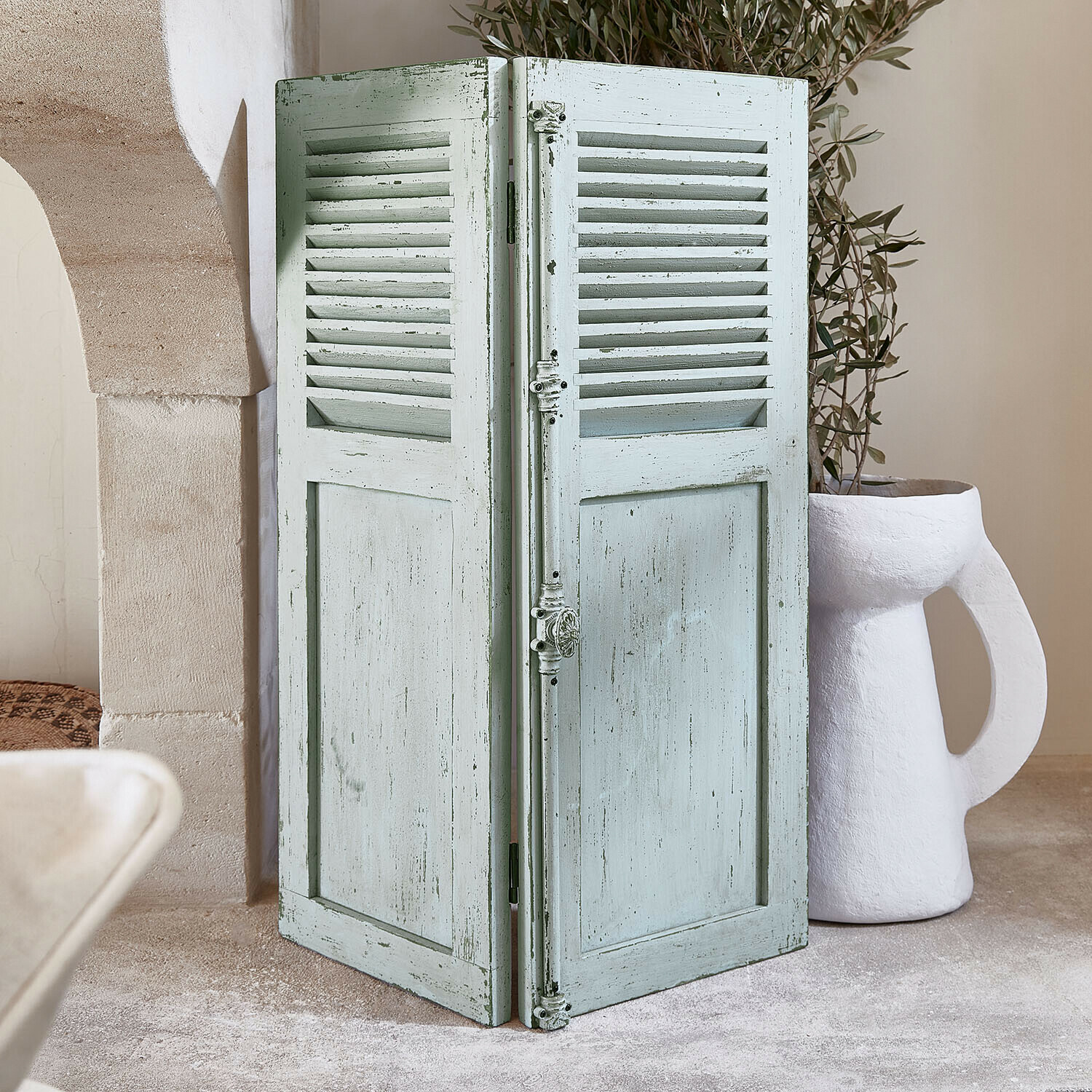 Biombo decorativo Rønska Biombo de madera de dos paneles en verde claro estilo vintage para decoración interior