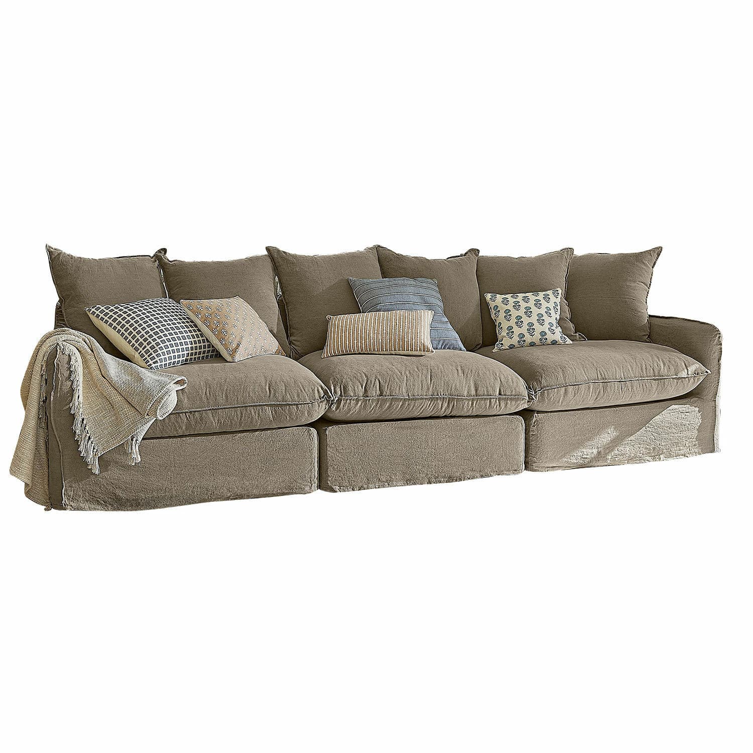 Sofá Finchingfield Sofá grande de tela beige con cojines decorativos y manta suave para sala acogedora