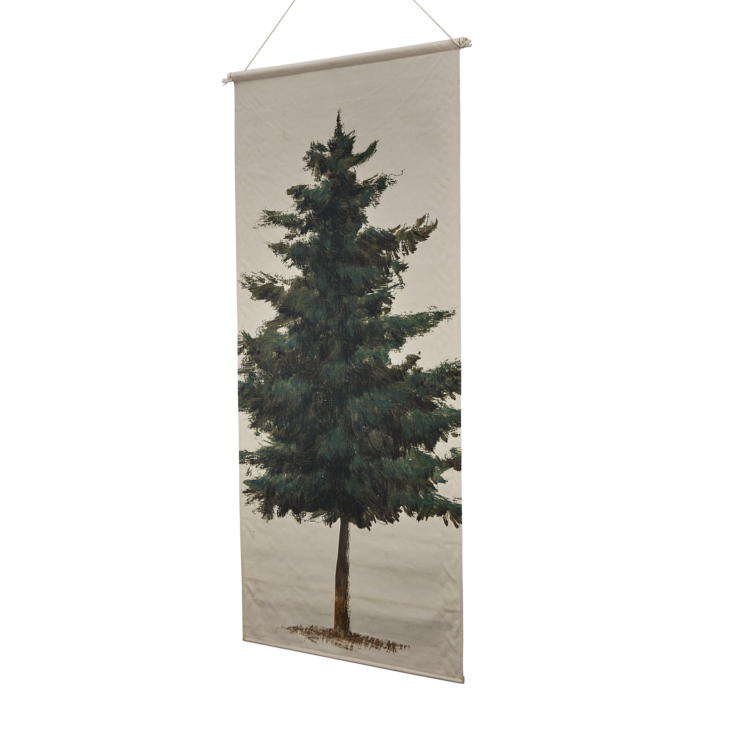 Cuadro colgante de tela con pino verde sobre fondo beige para decoración de interiores