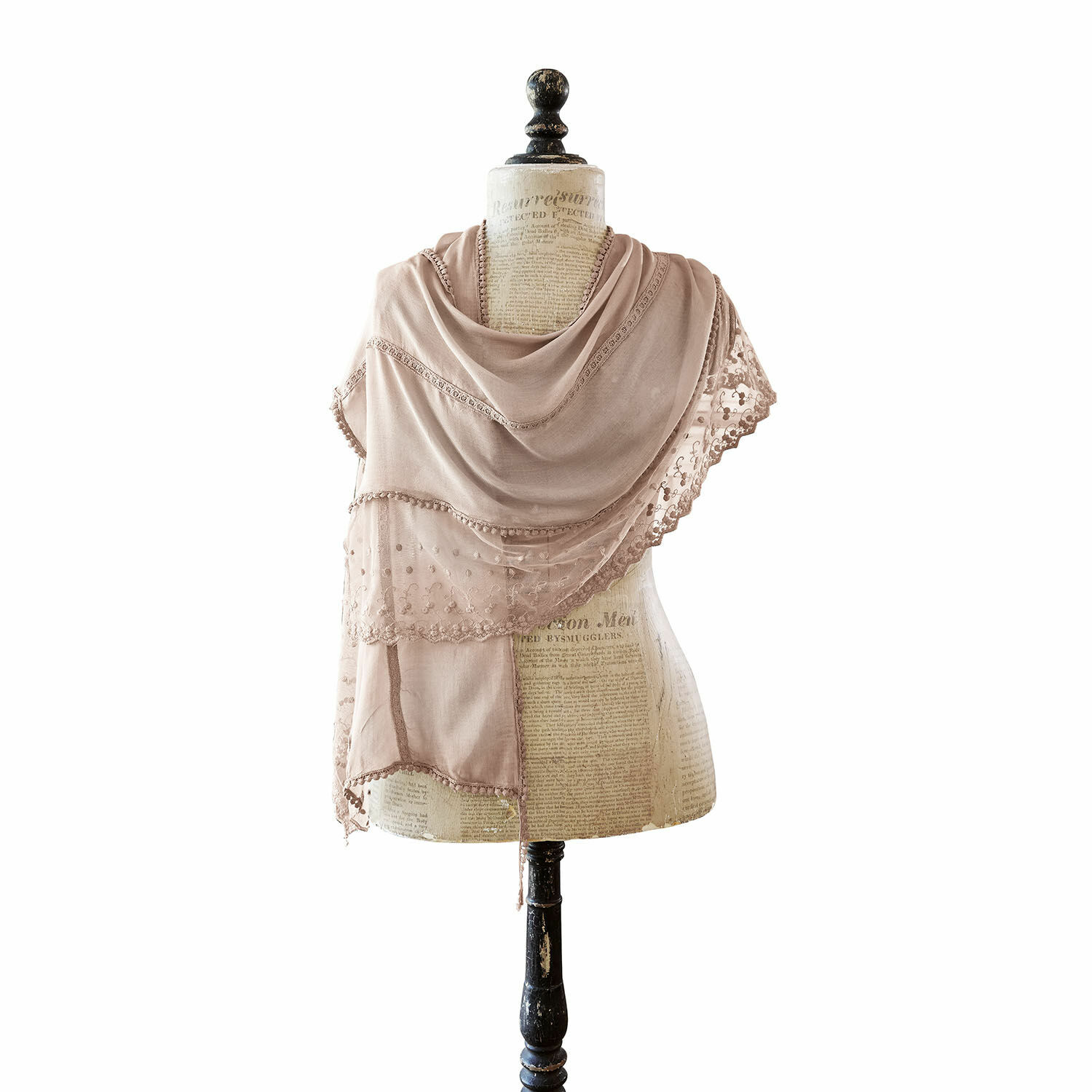 Bufanda Elvire color topo de tela fina con encaje, accesorio de moda elegante y ligero