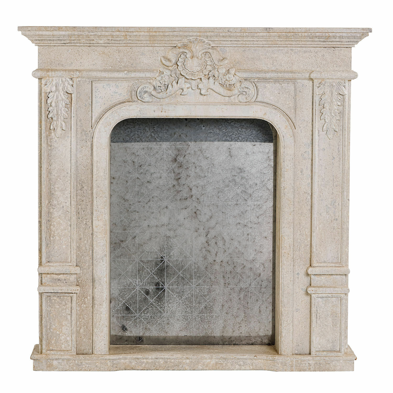 blanco envejecido Consola de chimenea Rethonvillers en piedra blanca antigua con tallados decorativos