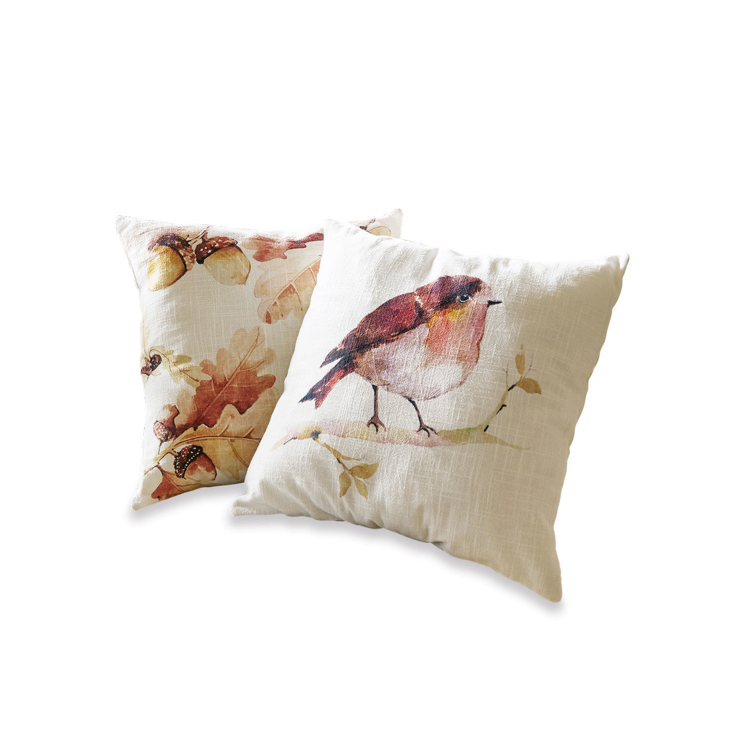 Conjunto de dos cojines decorativos de algodón crema con estampado de pájaro y hojas para sala