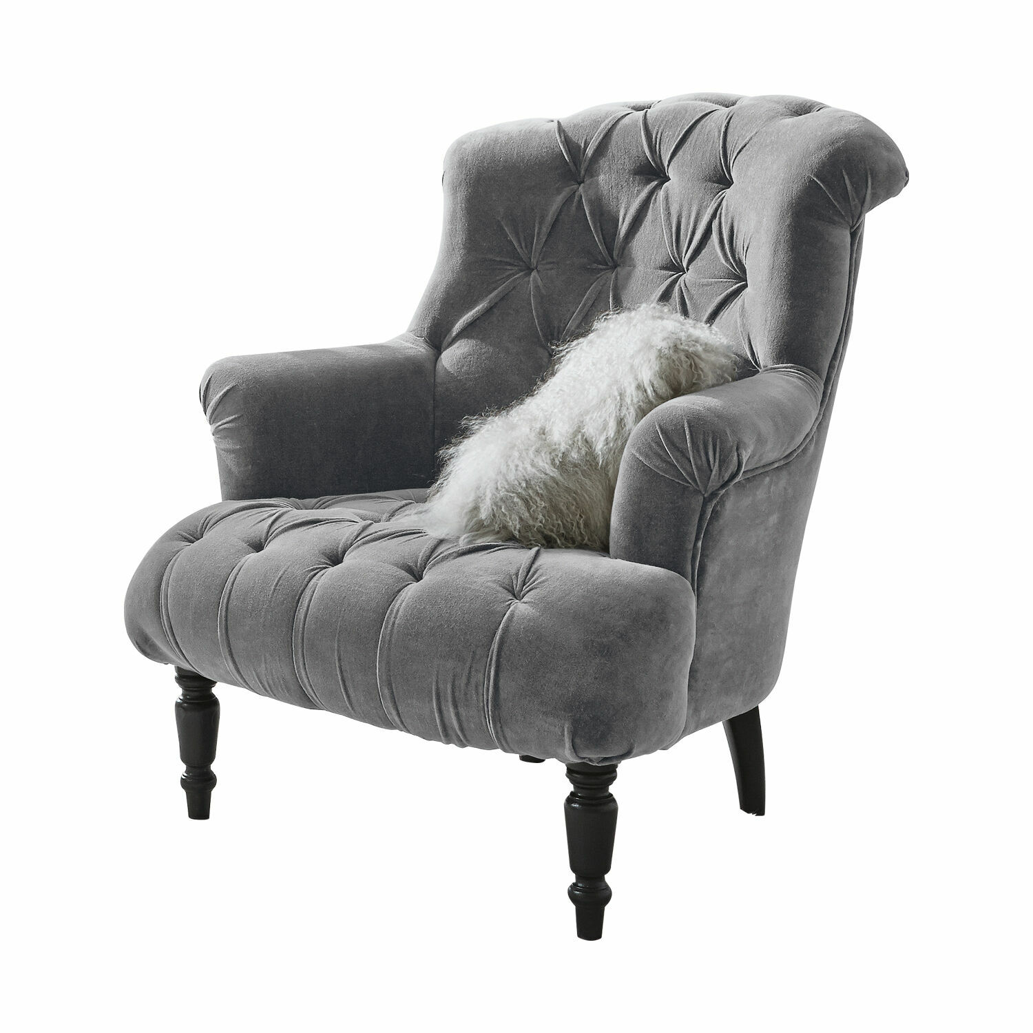 Sillón Parranquet Sillón de terciopelo gris con respaldo capitoné y patas de madera negra con cojín blanco