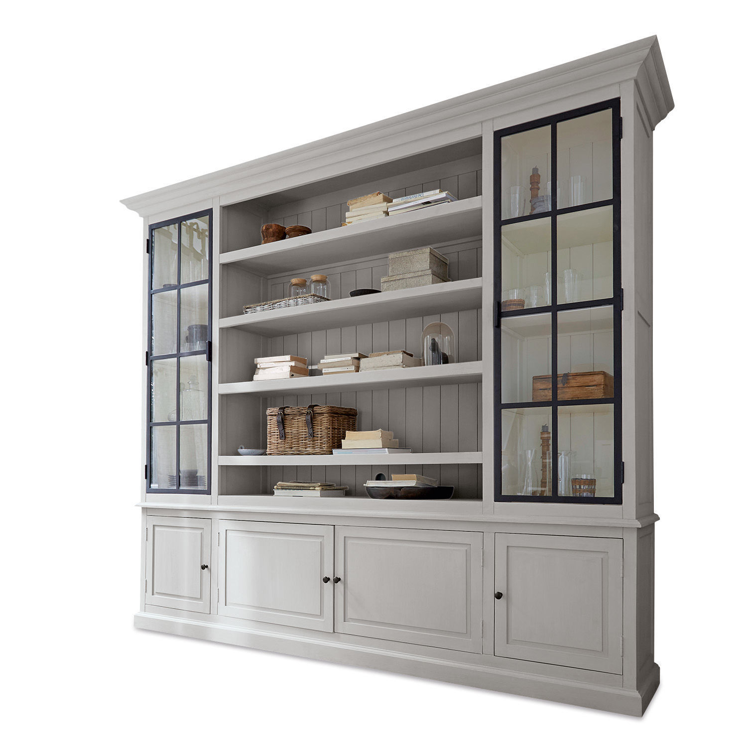 Armario Pratola Gran vitrina de madera blanca con puertas de cristal y estantes para libros y decoración