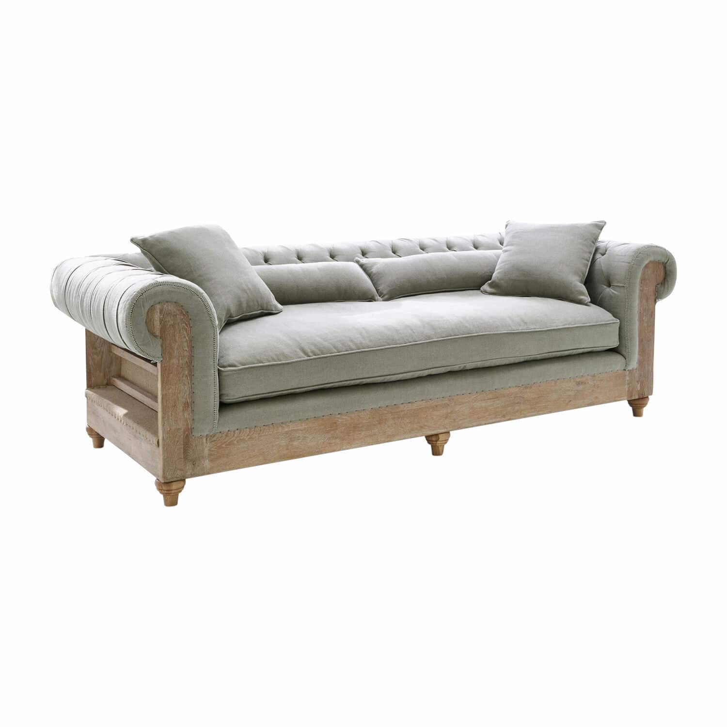 Sofá Kanani Sofá Chesterfield de tela verde grisácea con estructura de madera natural, estilo vintage
