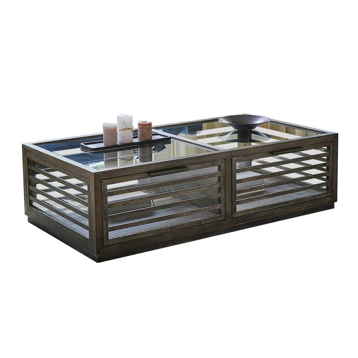 Mesa de centro Trowbridge Mesa de centro de madera oscura con superficie de cristal y velas decorativas, diseño moderno