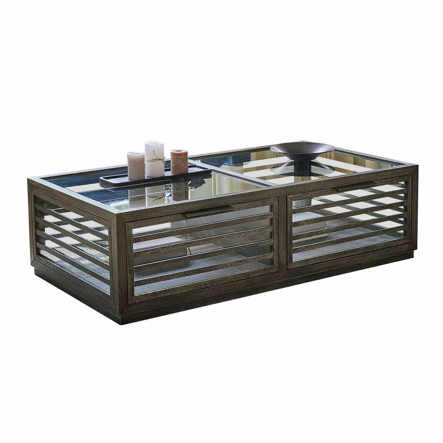 Mesa de centro Trowbridge Mesa de centro de madera oscura con superficie de cristal y velas decorativas, diseño moderno