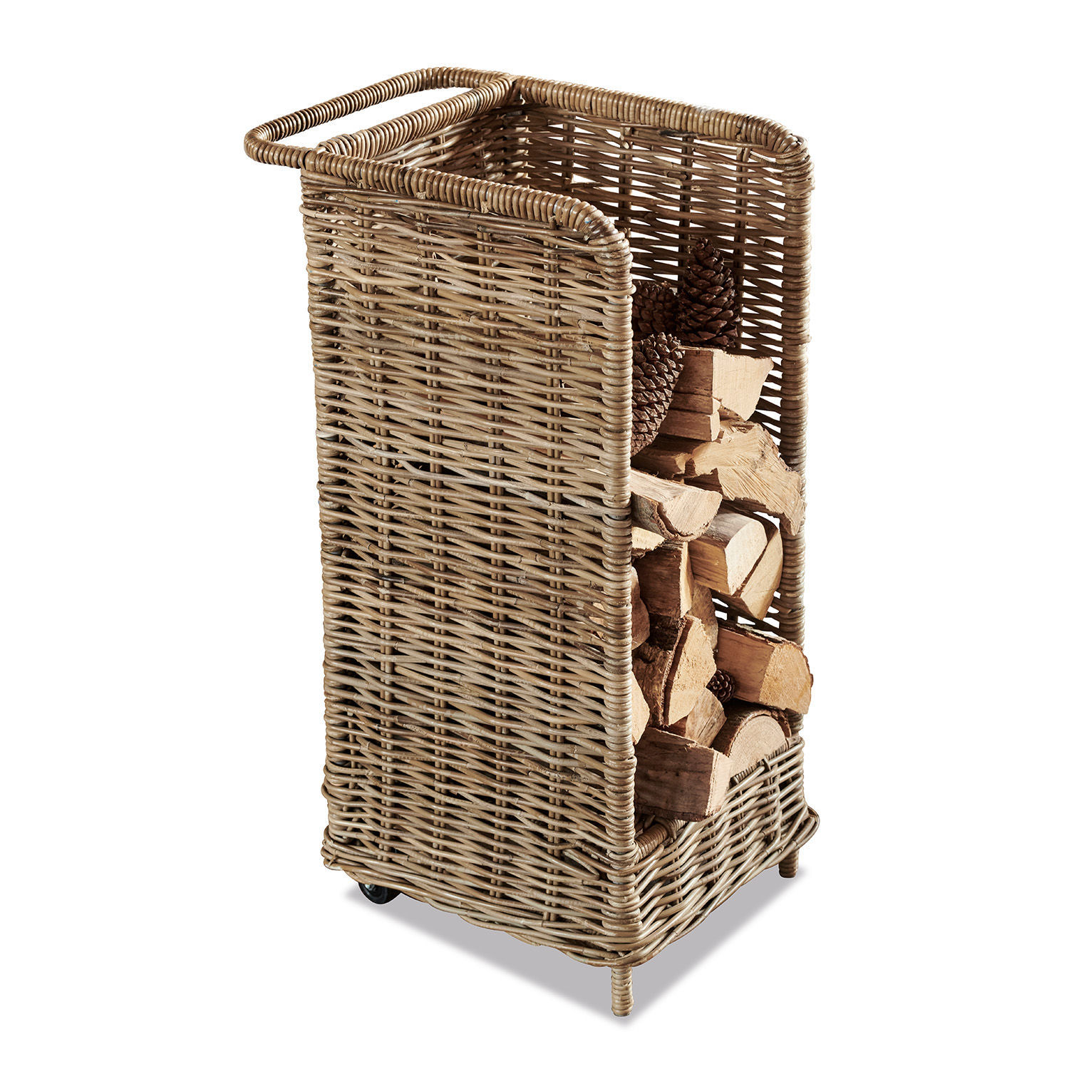 Cesta para leña Xabier Cesta para leña de ratán natural con ruedas para facilitar el transporte y almacenamiento