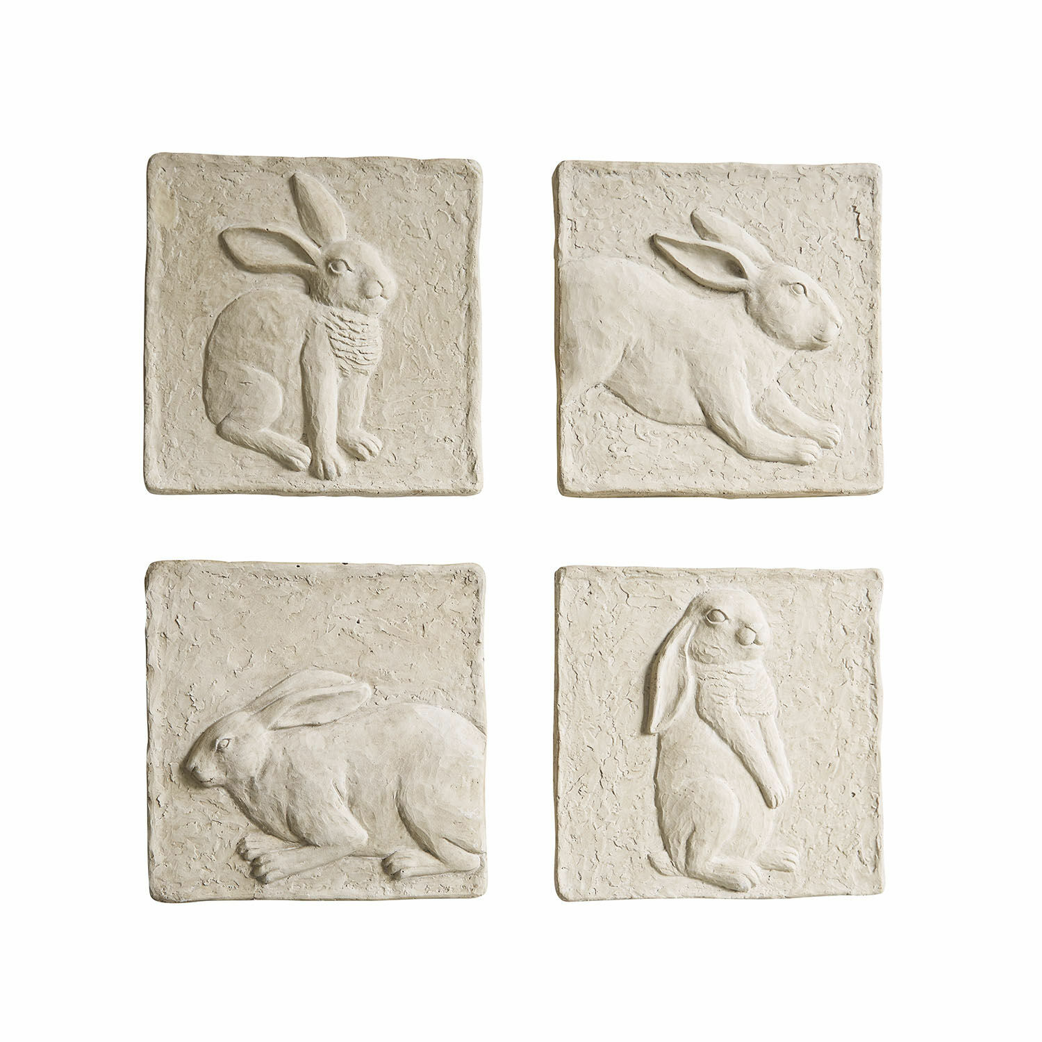 Set de 4 cuadros Cervique Conjunto de cuatro placas decorativas de piedra beige con relieves de conejos para decoración de pared