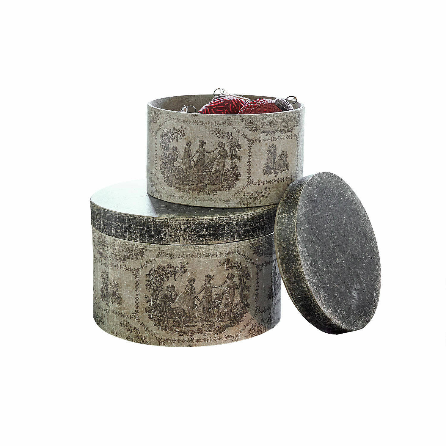 Set de 2 cajas Eltharien Cajas decorativas redondas con diseño vintage en tonos gris-beige para guardar adornos navideños
