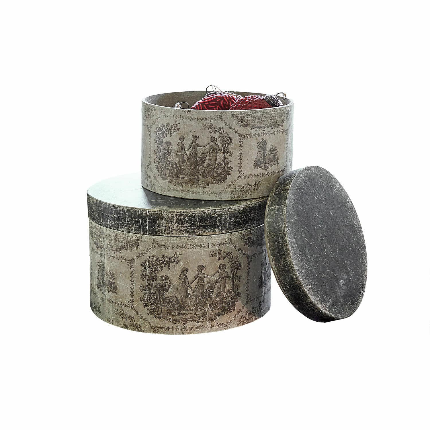 Set de 2 cajas Eltharien Cajas decorativas redondas con diseño vintage en tonos gris-beige para guardar adornos navideños
