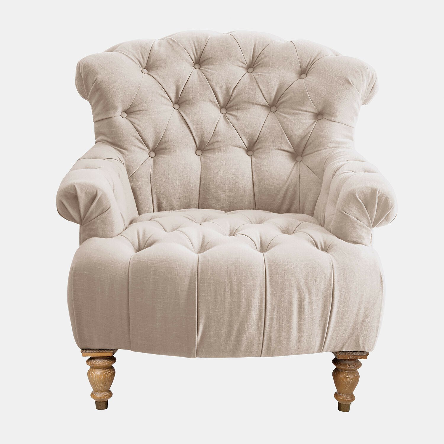lino Sillón Springfield de lino beige con respaldo capitoné y patas de madera, mueble elegante para salón