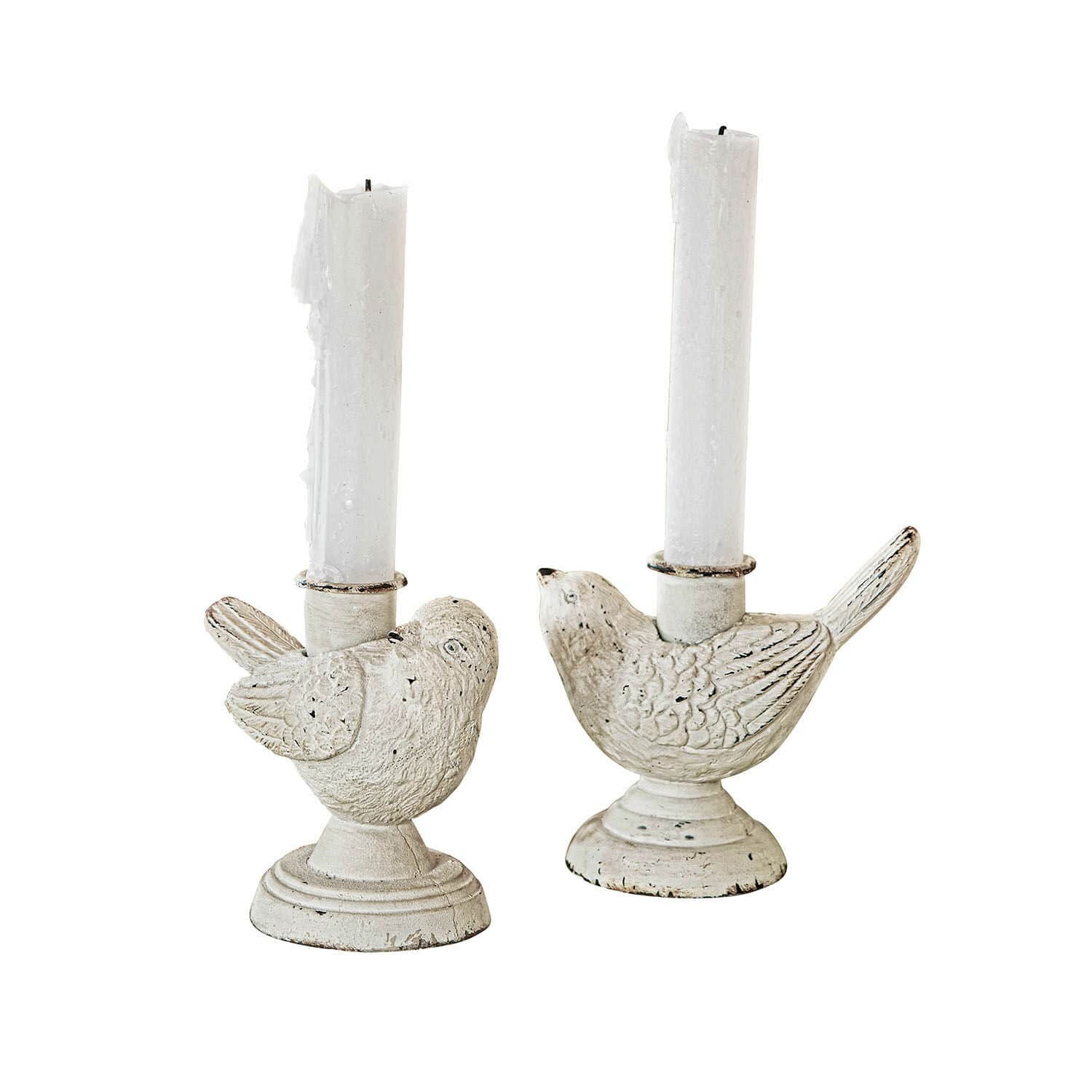 Set de 2 candeleros Finna Par de candelabros blancos de metal envejecido con diseño de pájaro para decoración