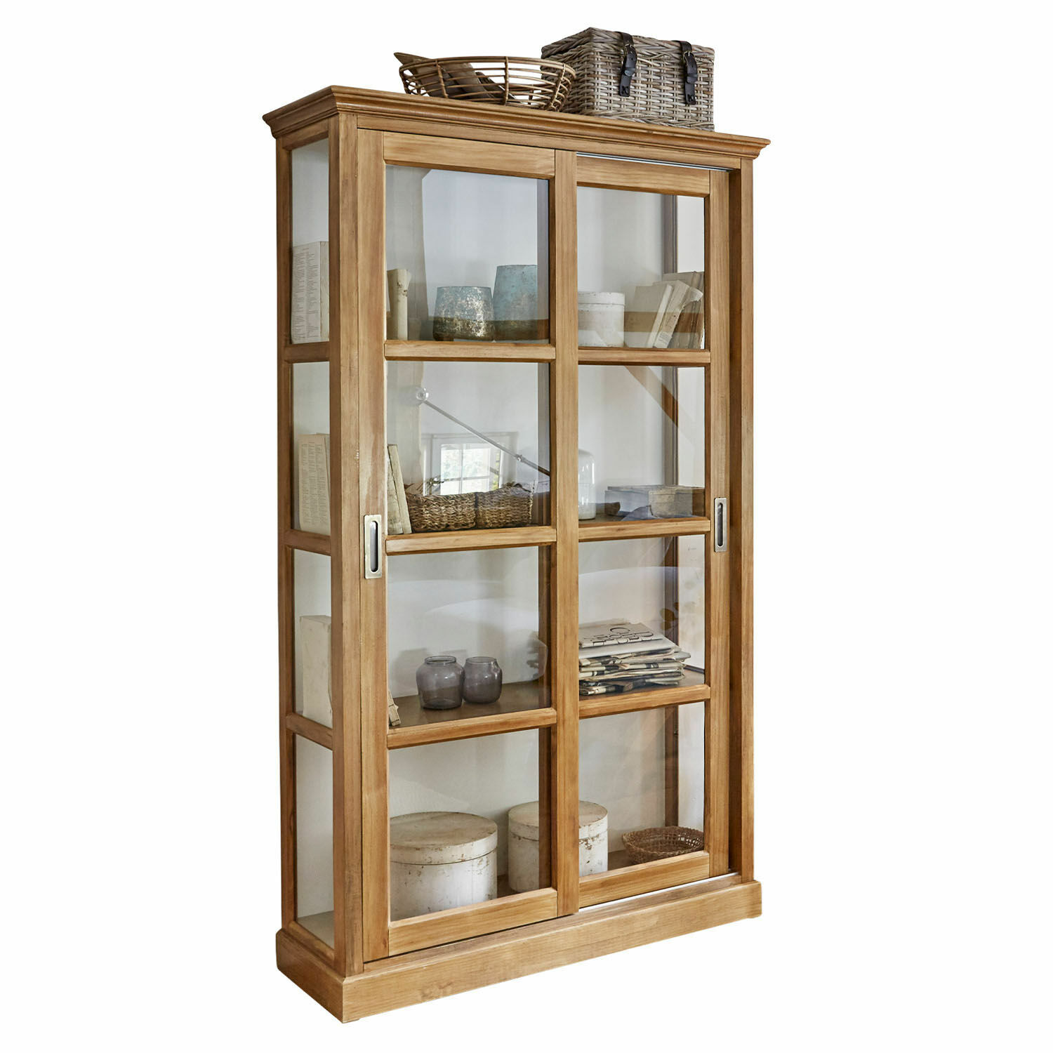 Armario Etienne Vitrina de madera con puertas correderas de vidrio en color natural para salón