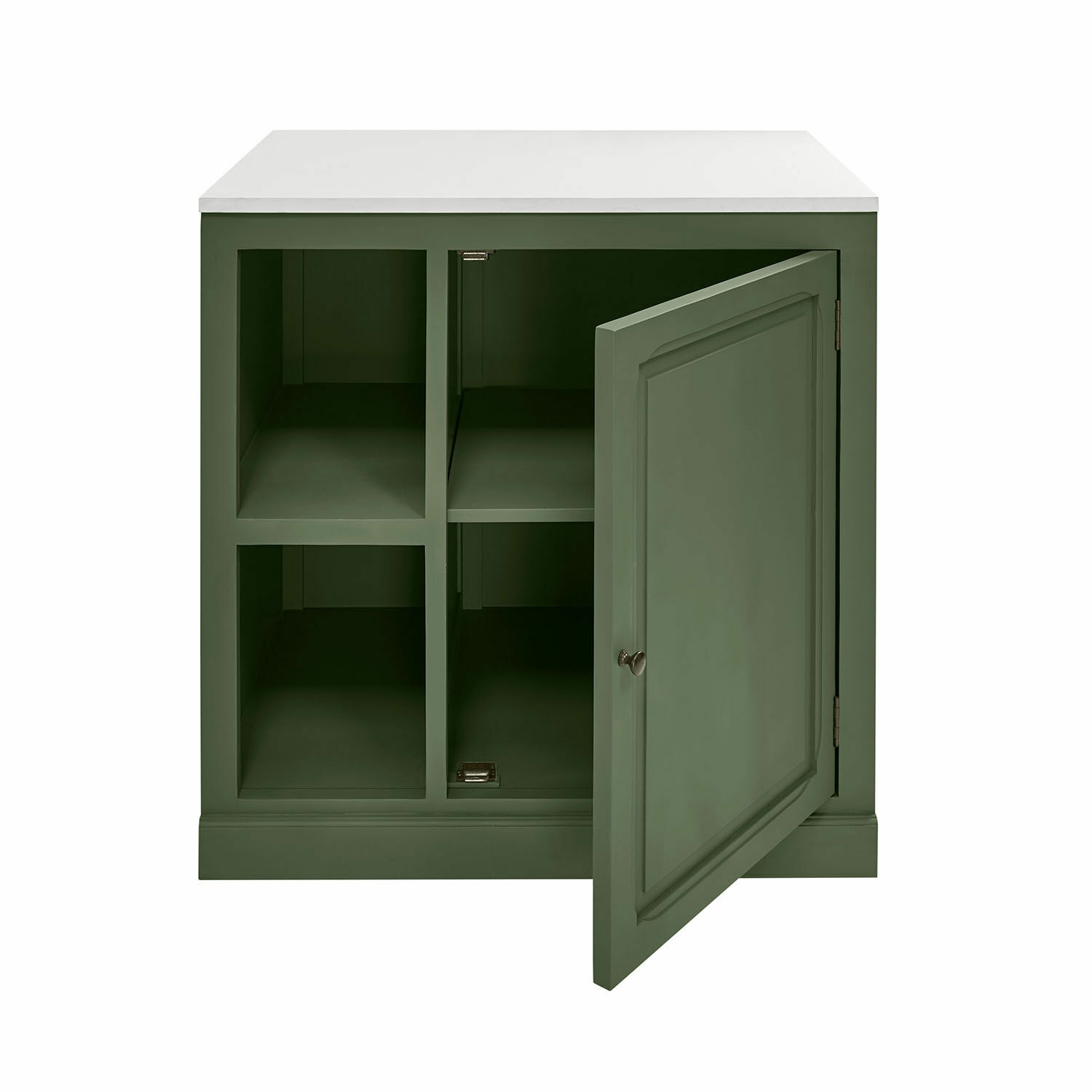 Armario de cocina Lansbury Armario verde de madera con encimera blanca y estantes abiertos para almacenamiento en sala