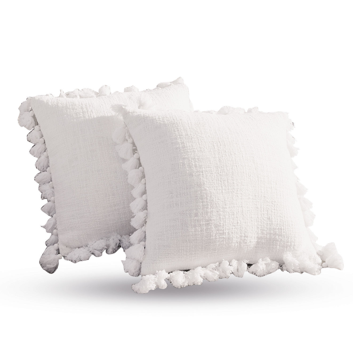 Set de 2 fundas de cojín Peniel Cojines decorativos blancos de algodón con borlas, suaves y elegantes para salón o dormitorio