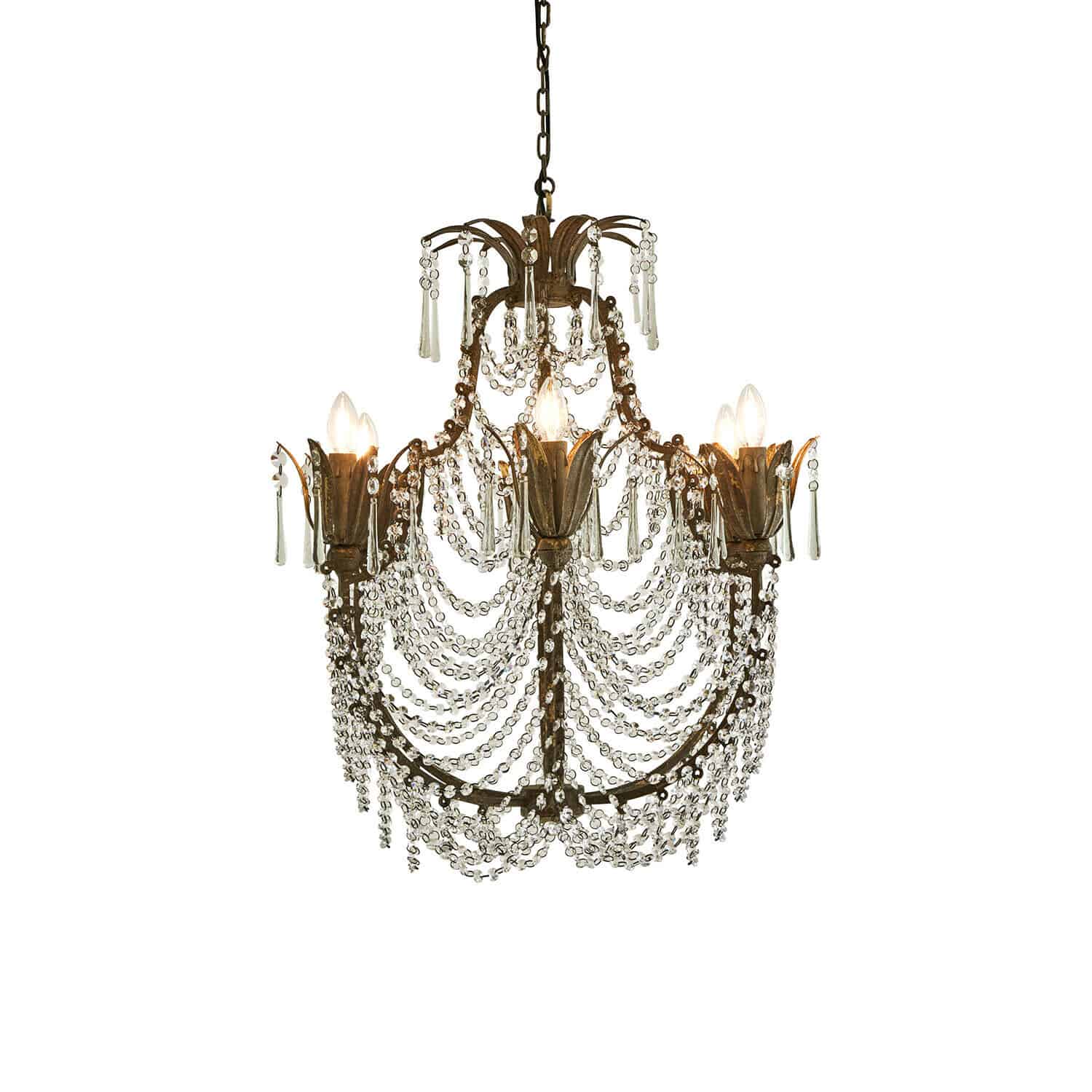 Lámpara de araña Caldrith Lámpara de araña vintage de metal y cristal con cadenas y bombillas en forma de llama para interiores