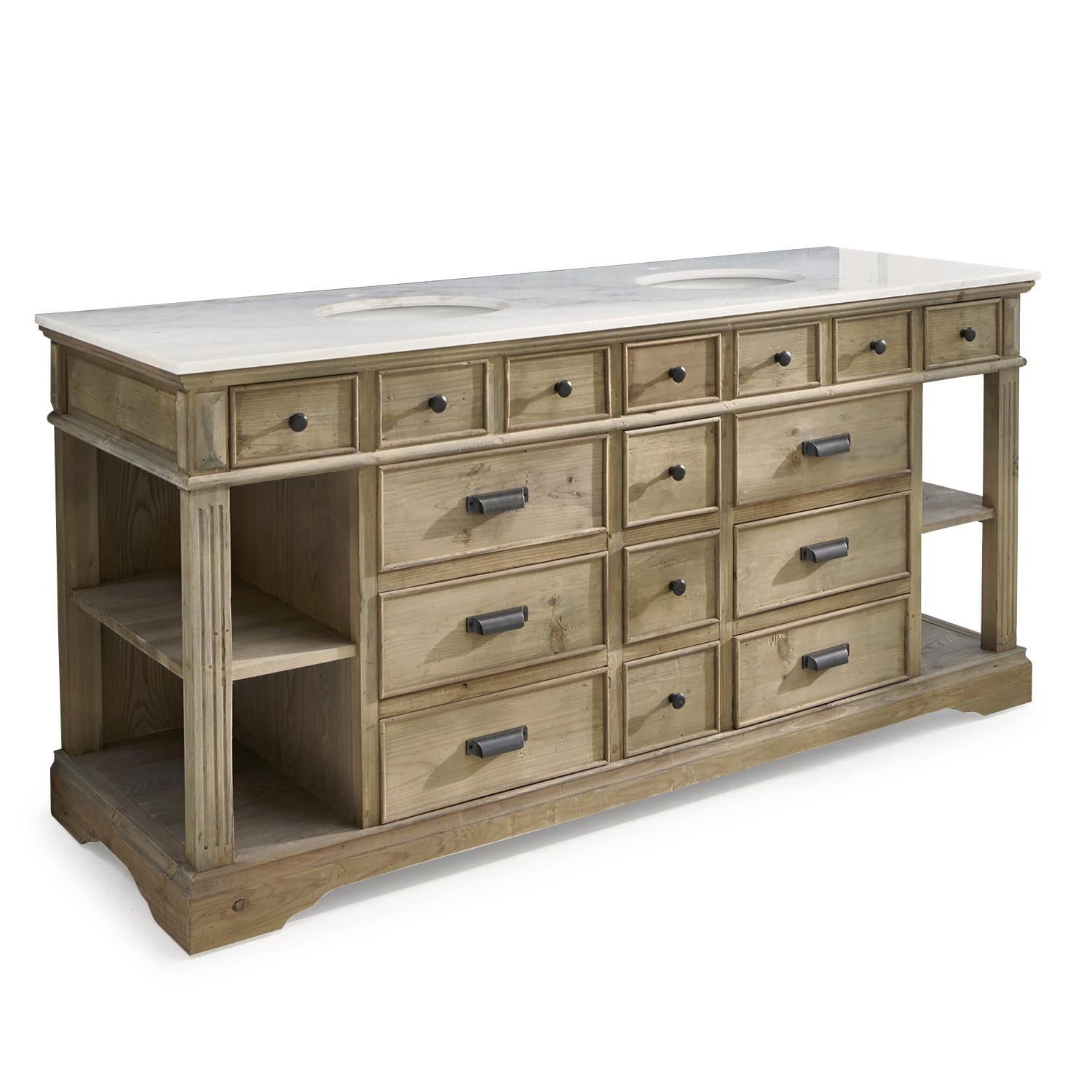 Mueble de lavabo doble Covingale Mueble de baño de madera con encimera de mármol blanco y múltiples cajones en color madera natural