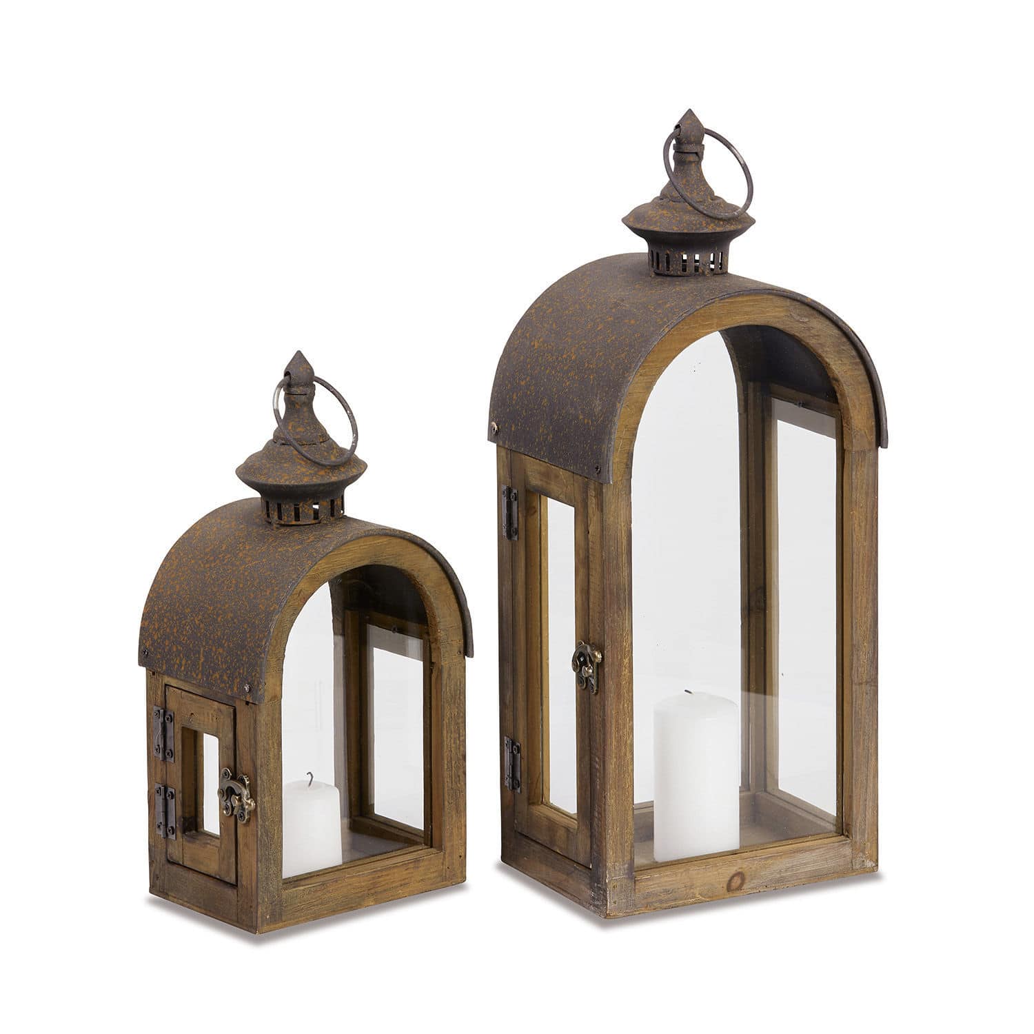 Set de 2 faroles Jadon Faroles de madera con tapas metálicas envejecidas y velas blancas para decoración interior y exterior