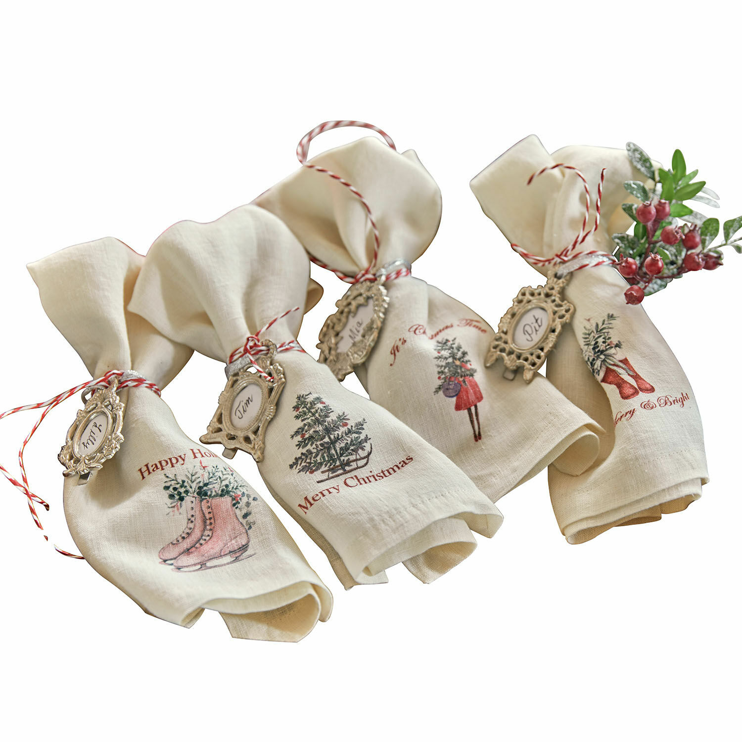Set de 4 servilletas Merry & Bright Juego de servilletas de lino con motivos navideños y etiquetas decorativas, decoración de mesa festiva
