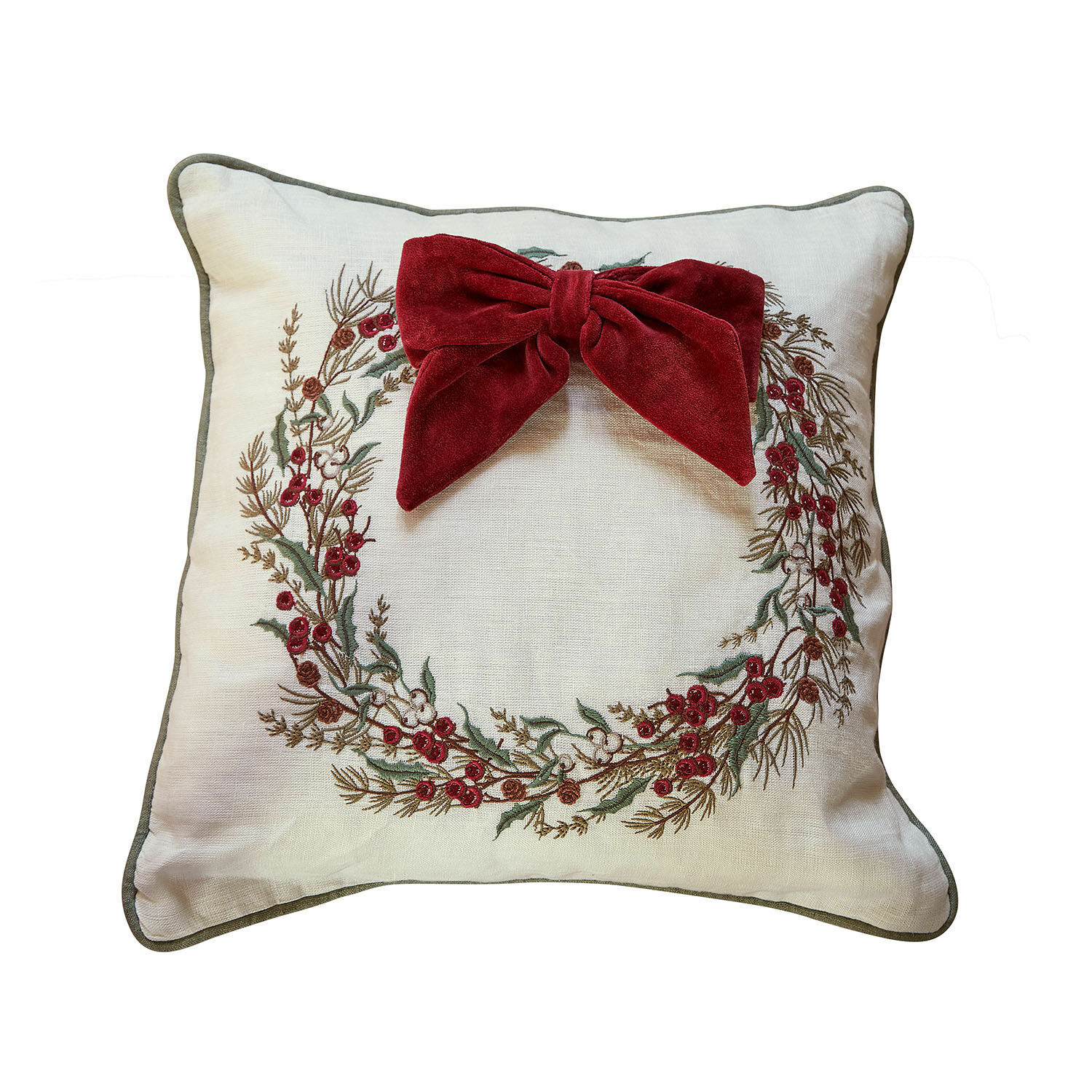 Funda de cojín Cévaline Cojín decorativo de lino color crudo con corona bordada y lazo rojo burdeos para decoración