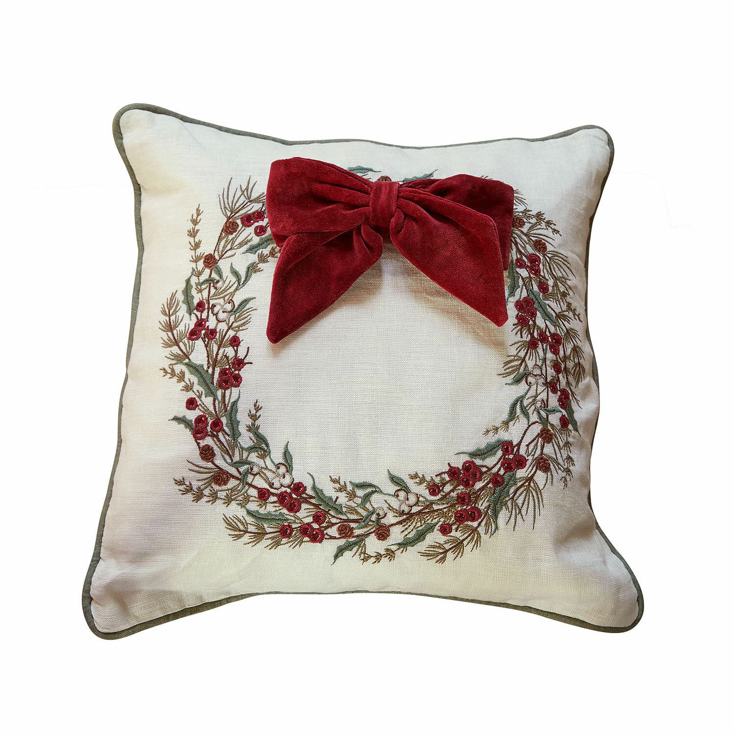 Funda de cojín Cévaline Cojín decorativo de lino color crudo con corona bordada y lazo rojo burdeos para decoración
