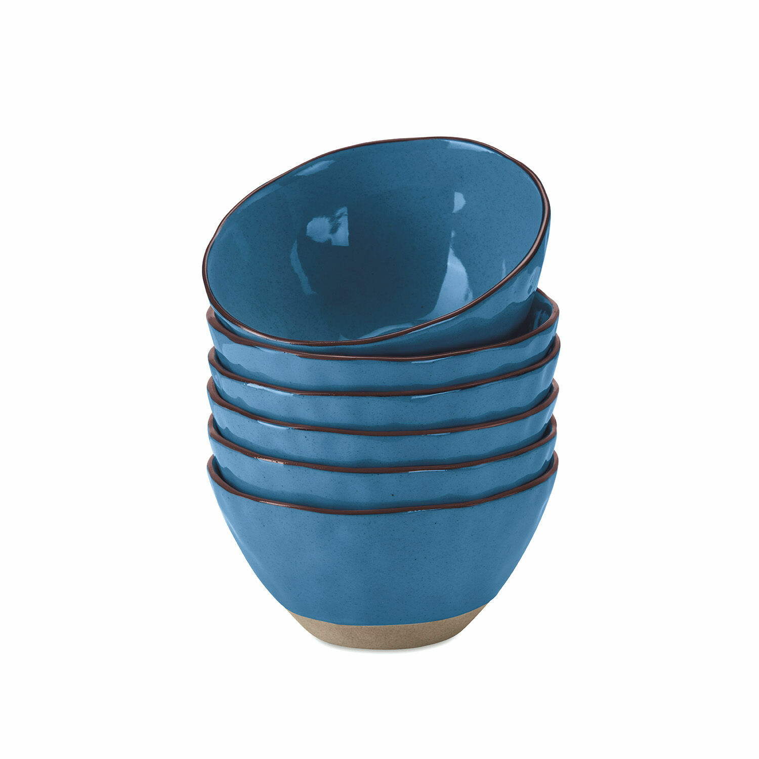 Set de 6 boles Biarré Juego de seis cuencos de cerámica azul con borde marrón y base natural para servir