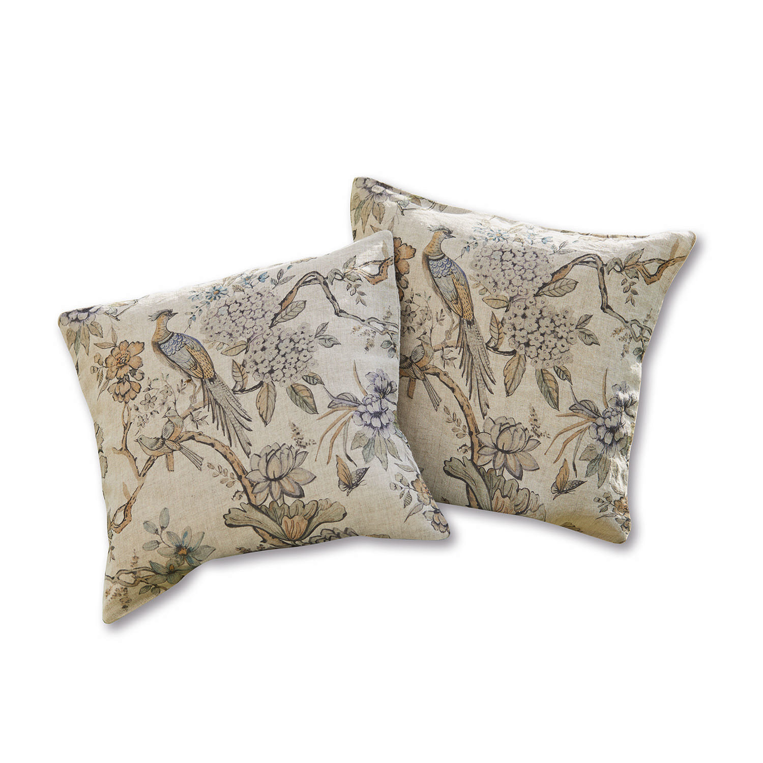 Set de 2 fundas de cojín Lorry Conjunto de dos cojines decorativos de lino beige con estampado de pájaros y flores para sala