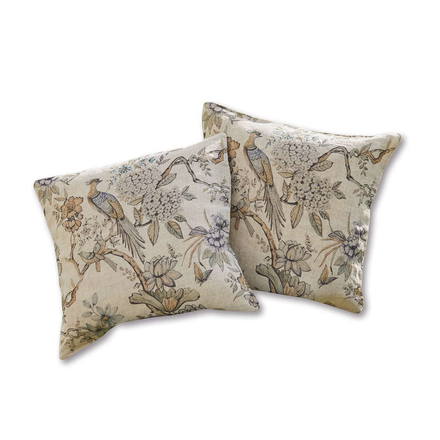 Set de 2 fundas de cojín Lorry Conjunto de dos cojines decorativos de lino beige con estampado de pájaros y flores para sala