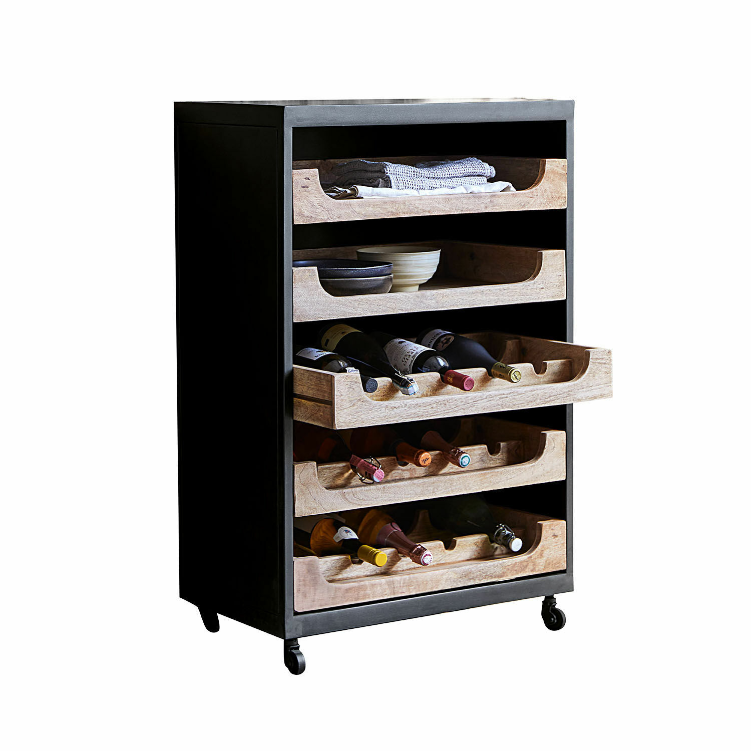 Botellero Jacksonville Mueble negro de metal con ruedas y cajones de madera para botellas de vino y utensilios