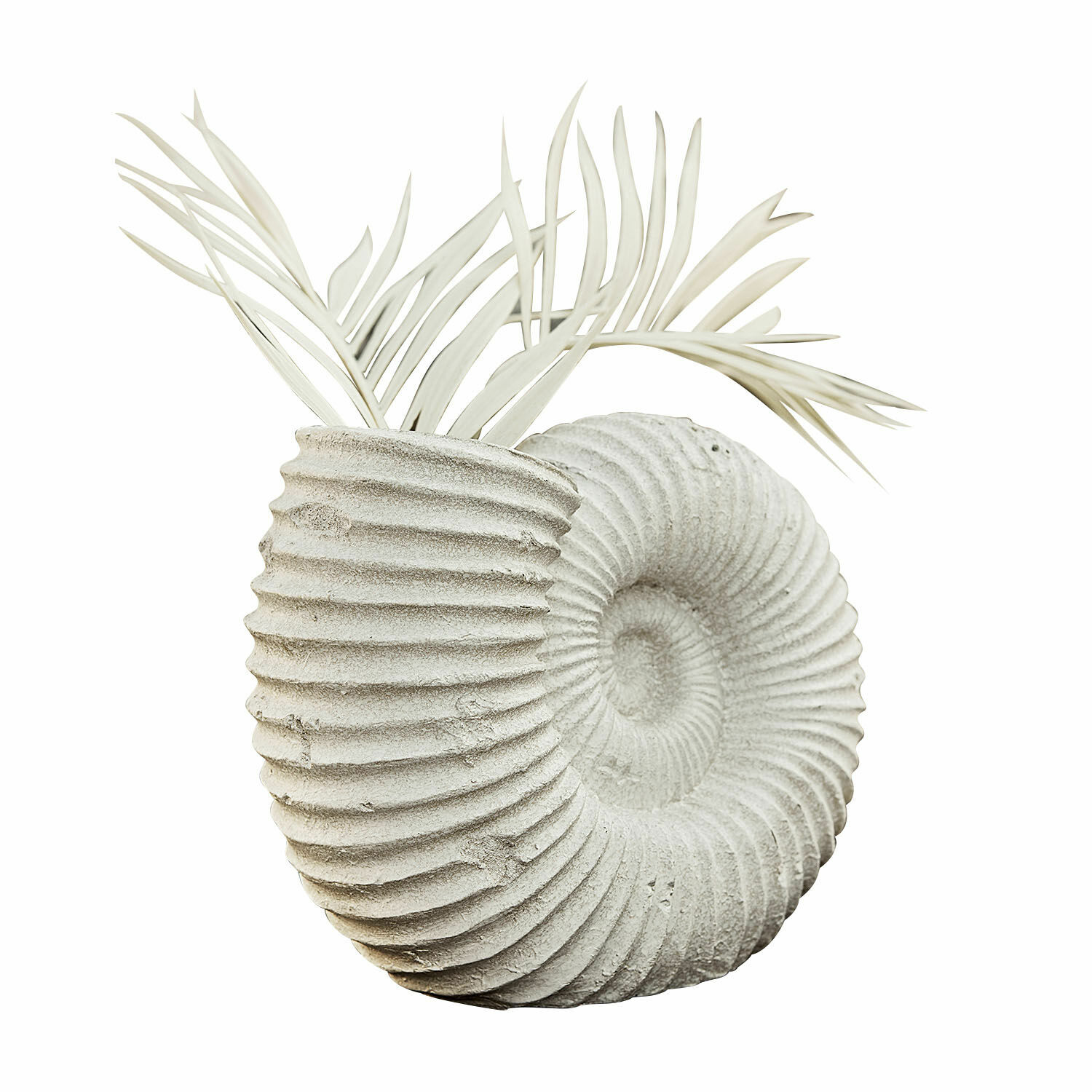 Jarrón Korrellin Maceta decorativa de hormigón gris con forma de concha y hojas decorativas blancas