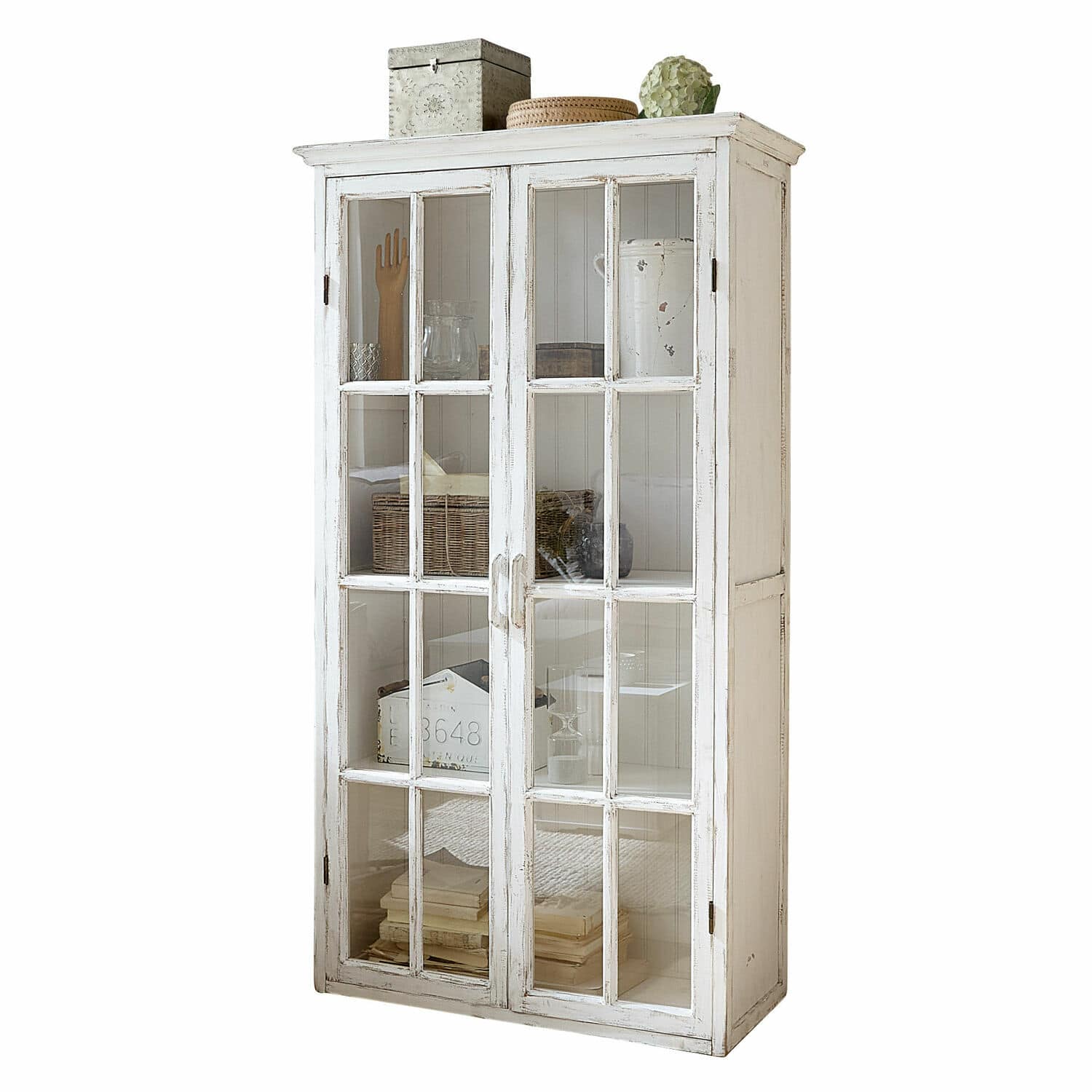 Armario Keanu Vitrina de madera blanca con puertas de cristal y estantes decorativos para salón