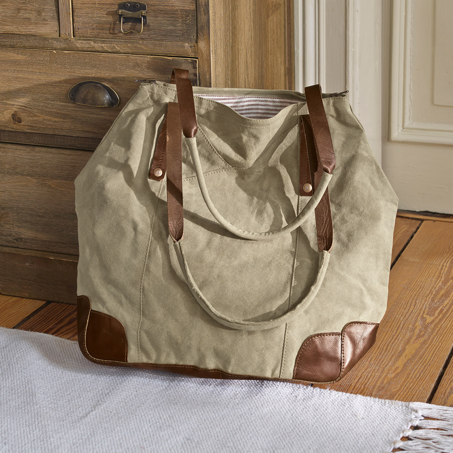 Bolso Padme Bolsa beige de tela con asas y refuerzos de cuero marrón, bolsa práctica para compras