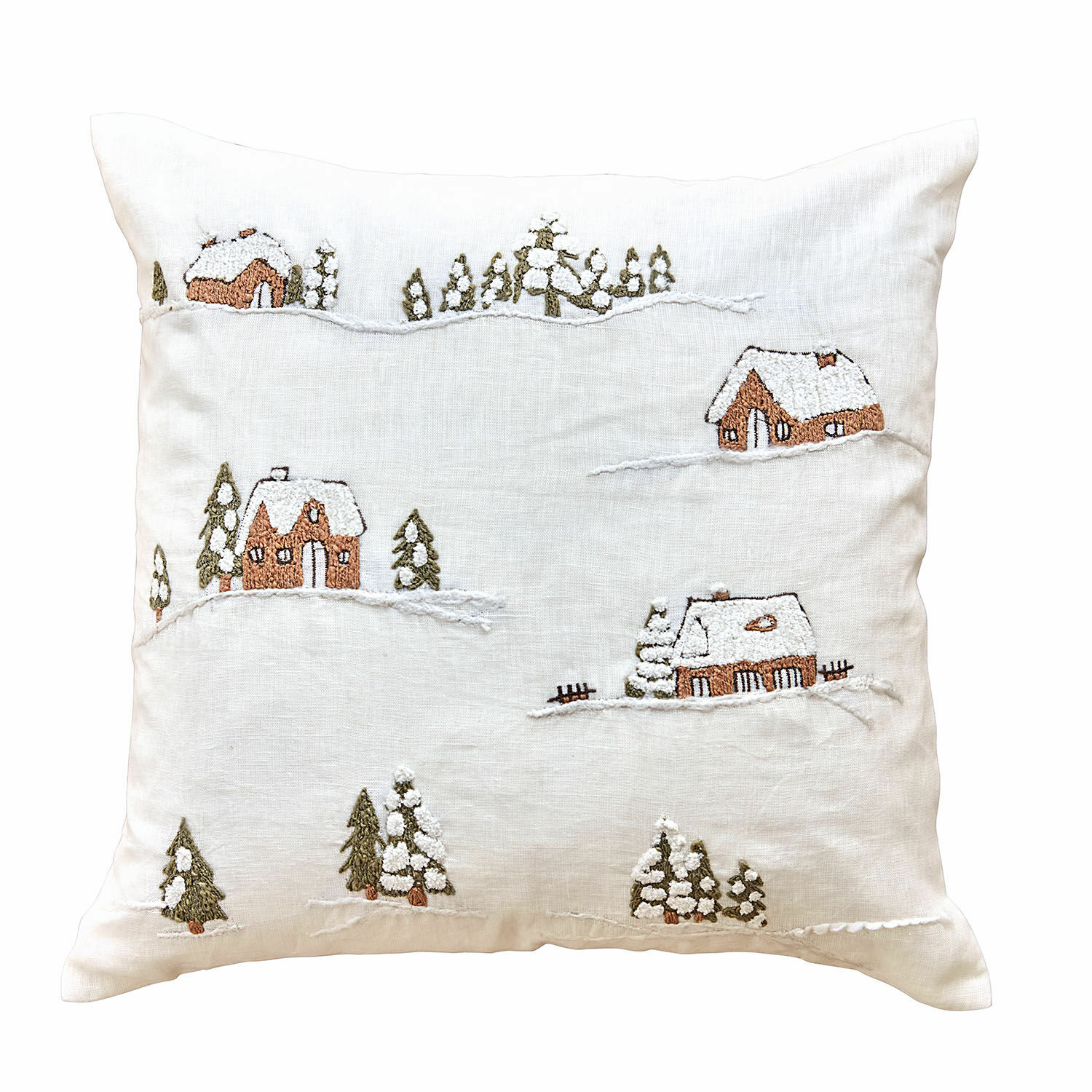 Funda de cojín Lyngstad Cojín blanco de lino con bordado de casas y árboles nevados, decoración invernal