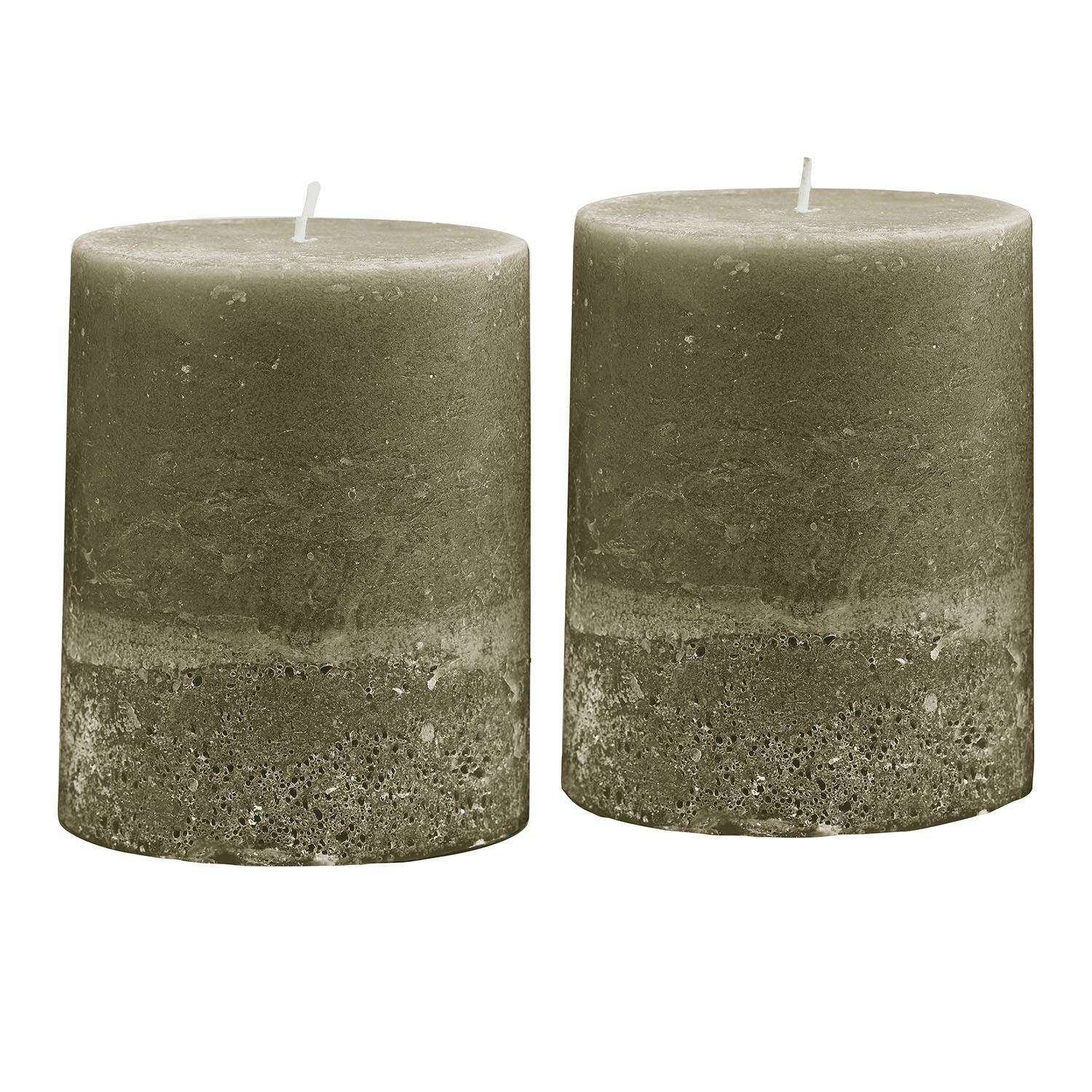 verde oliva Set de dos velas Oviedo color verde oliva con textura rústica para decoración interior