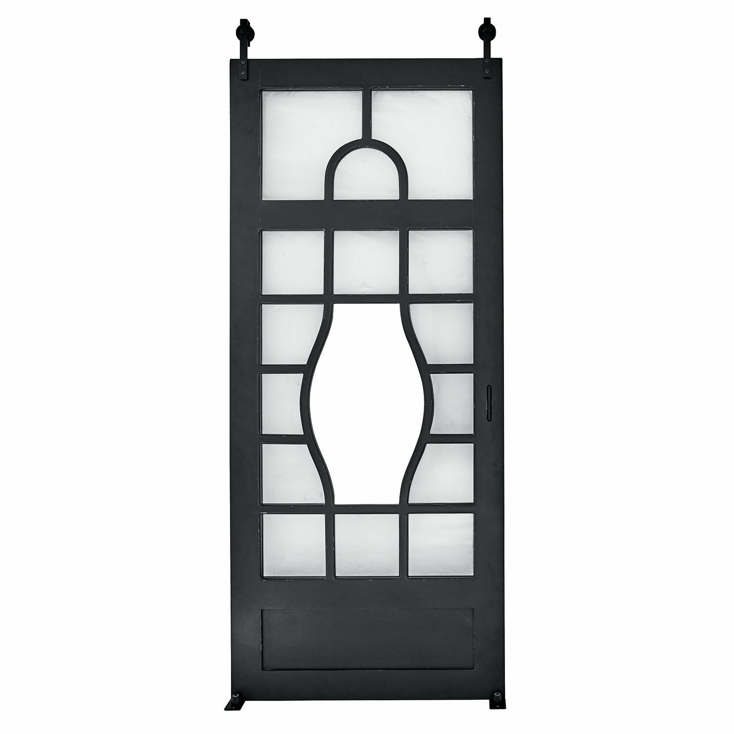 Puerta corredera Wilmorton Puerta corredera negra de metal con diseño geométrico y vidrio esmerilado para interiores
