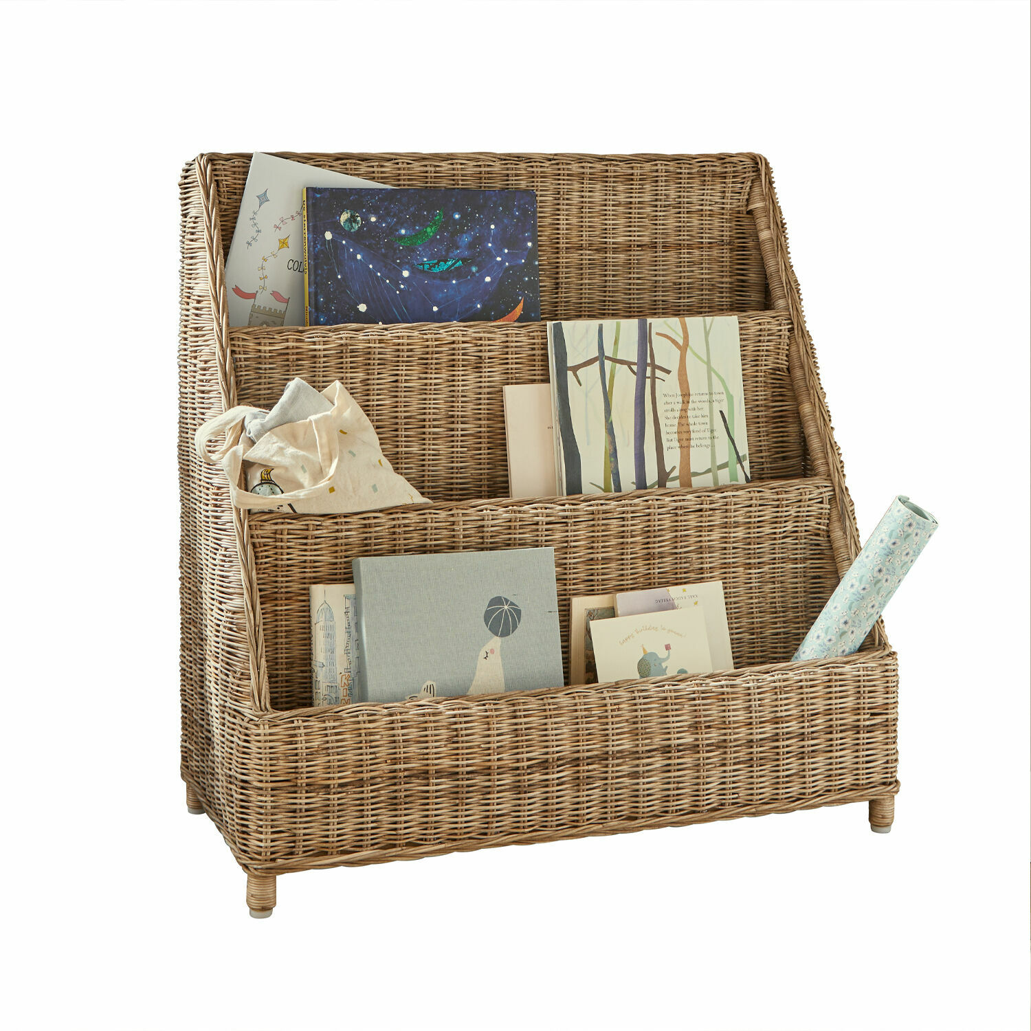 Estante Trésolia Estantería de tres niveles de ratán natural con libros y decoraciones para almacenamiento