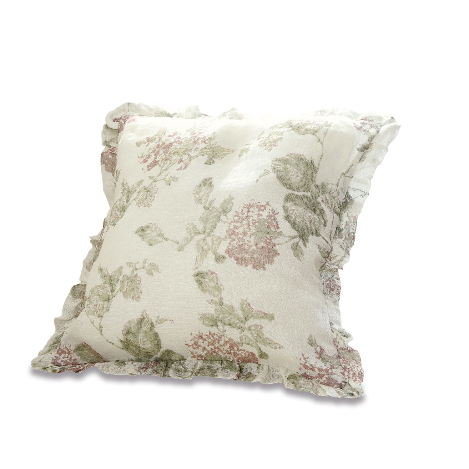 Funda de cojín Mathea Cojín decorativo de lino color crema con estampado floral verde y rosa, estilo vintage elegante