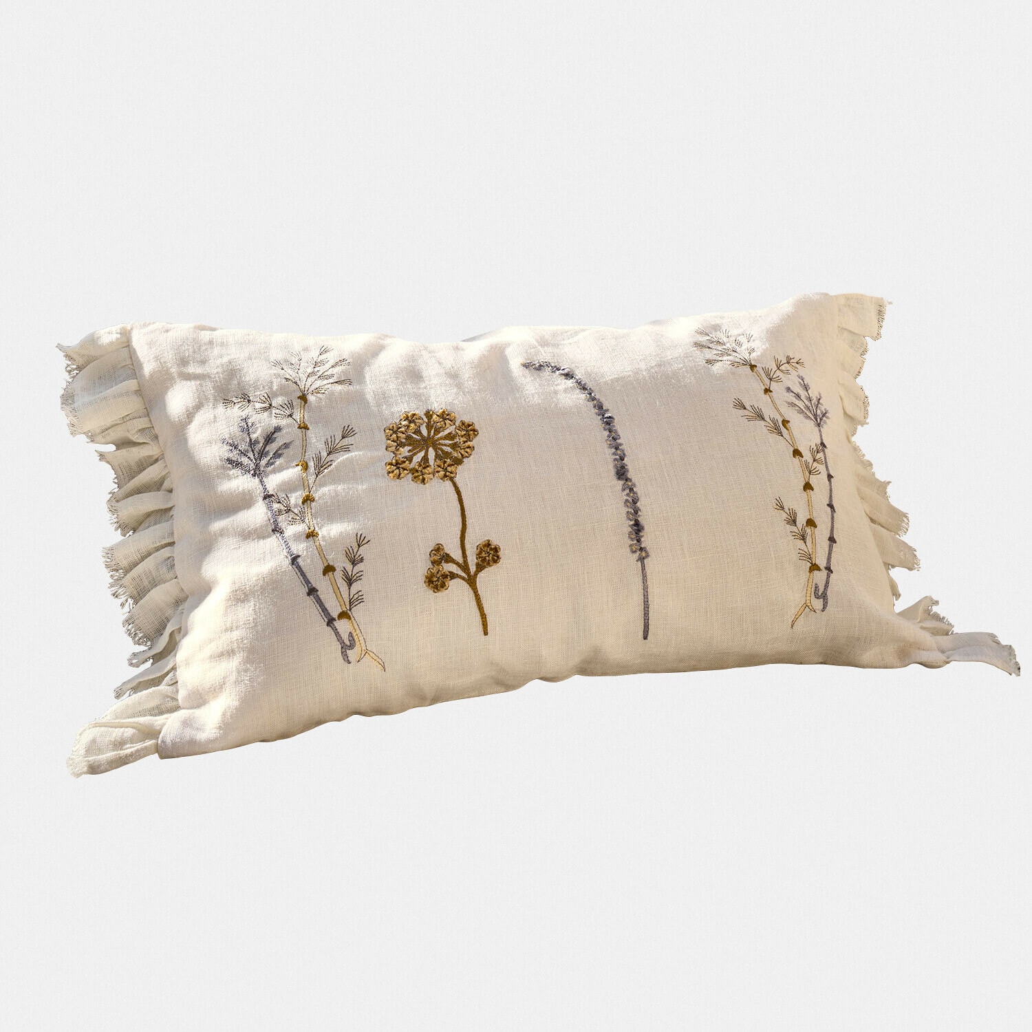 Funda de cojín Quélivane Cojín beige de lino con bordado floral y volantes, cojín decorativo para salón o dormitorio