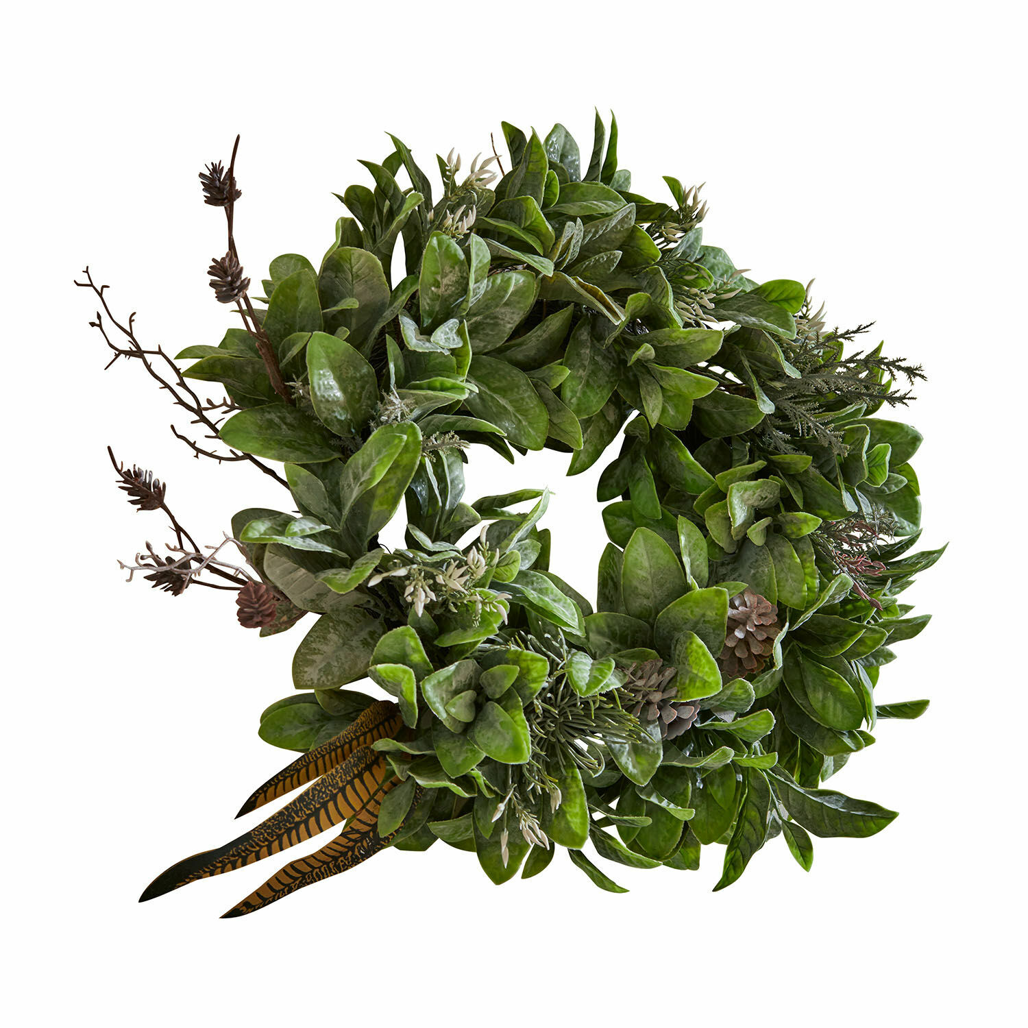 Corona Gianne Corona decorativa de hojas verdes con piñas y plumas para pared o puerta