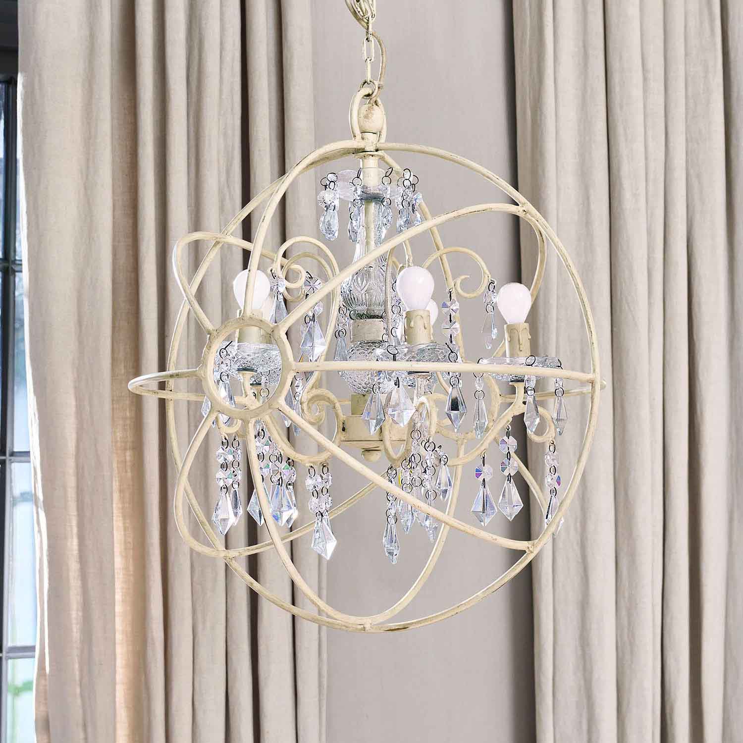 Lámpara de techo metálica color crema con colgantes de cristal, lámpara decorativa interior