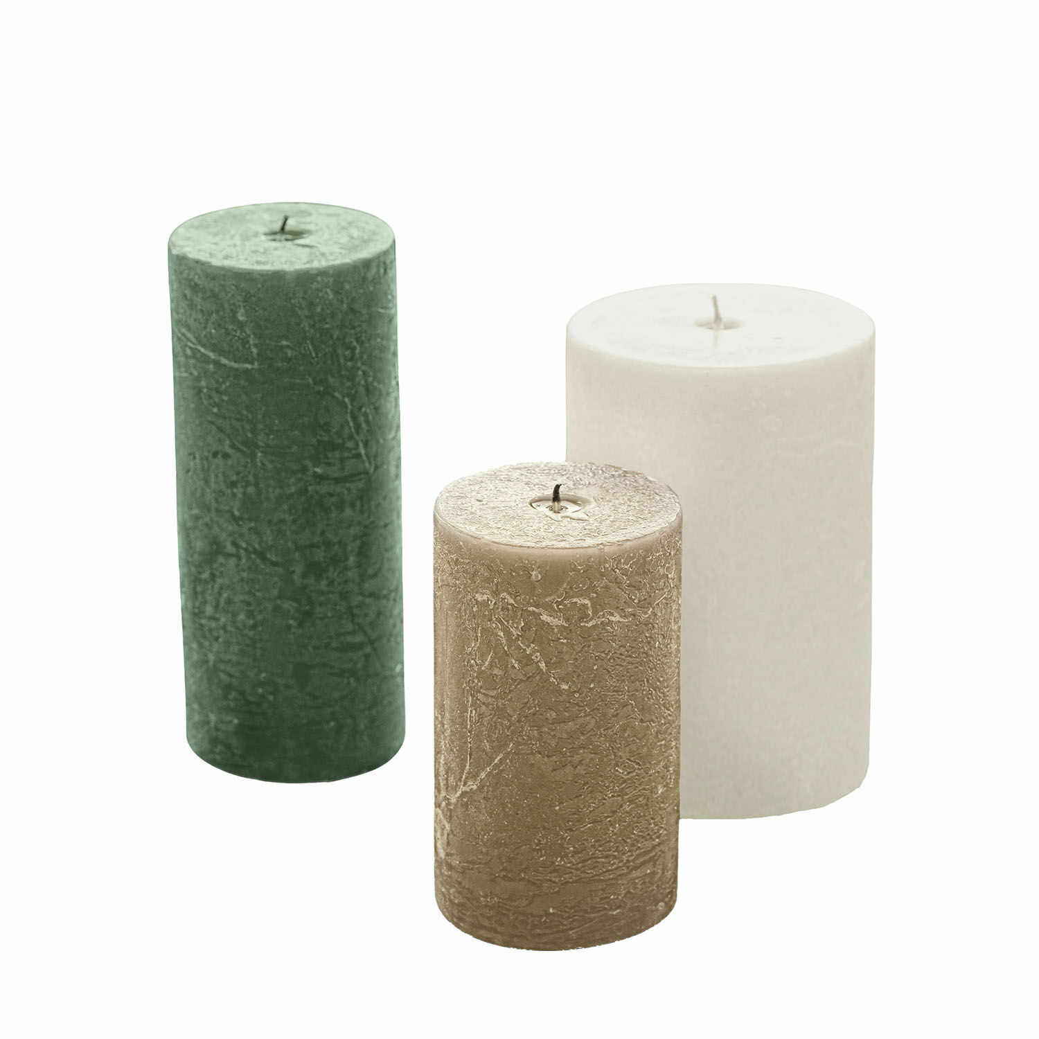 Set de 3 velas Pretin en crema, verde y taupe con textura rústica