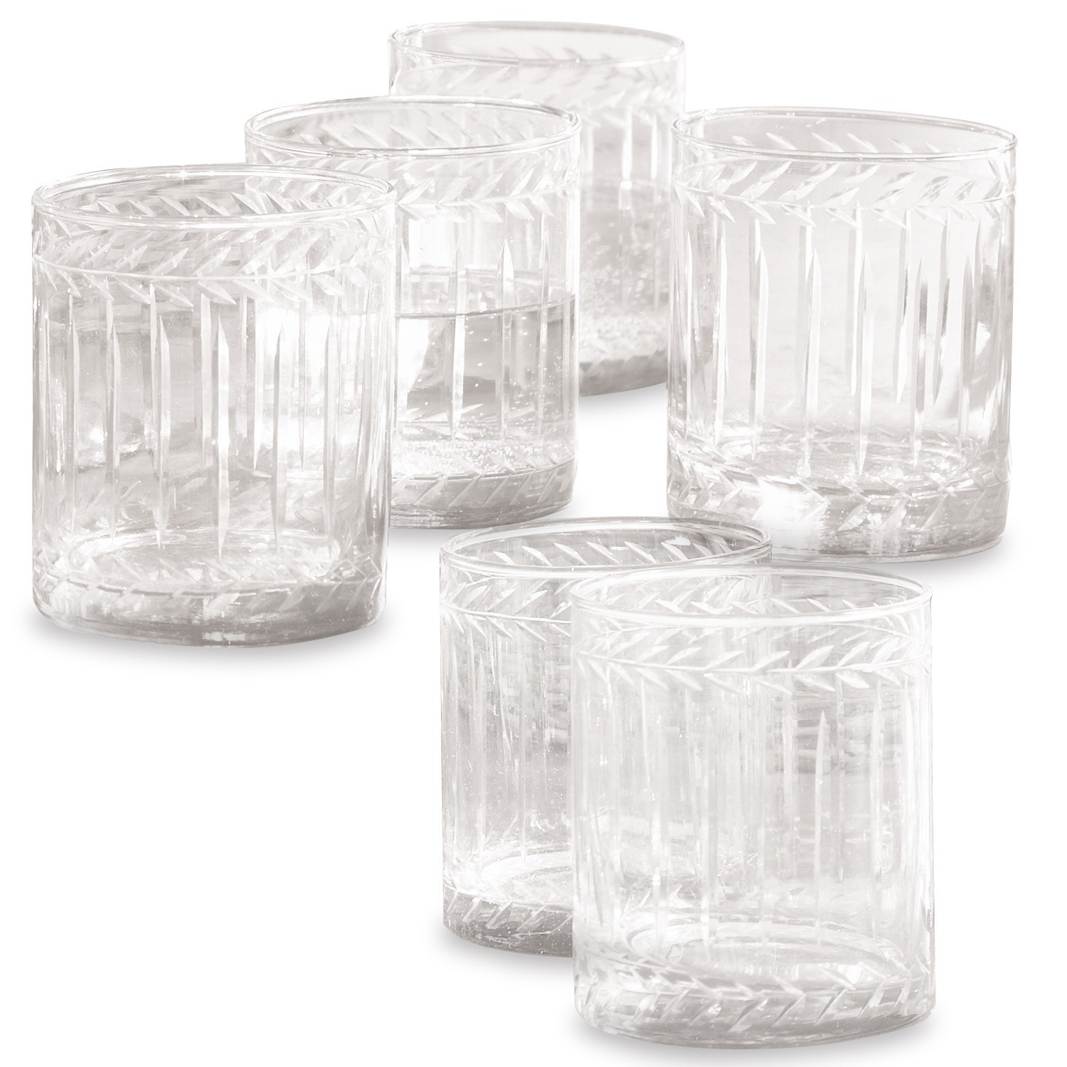 Set de 6 vasos Padiès Juego de seis vasos transparentes con diseño decorativo, vidrio para bebidas