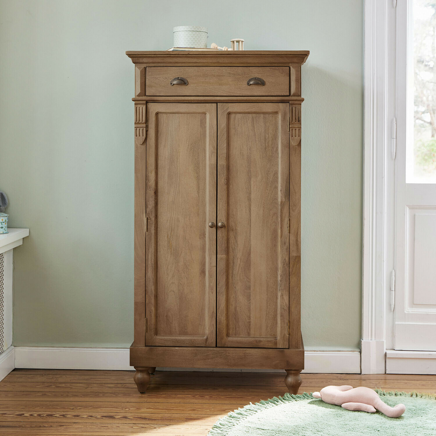 Armario de madera natural con cajón y puertas, mueble de almacenamiento para salón o dormitorio