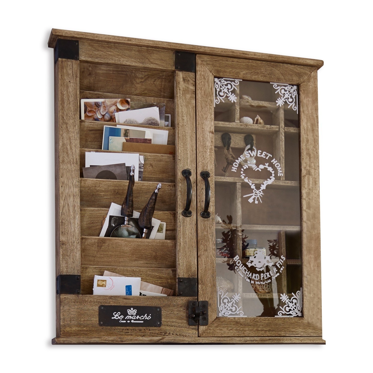Organizador Shelby Armario de pared de madera con compartimentos y puerta de cristal con texto Home Sweet Home