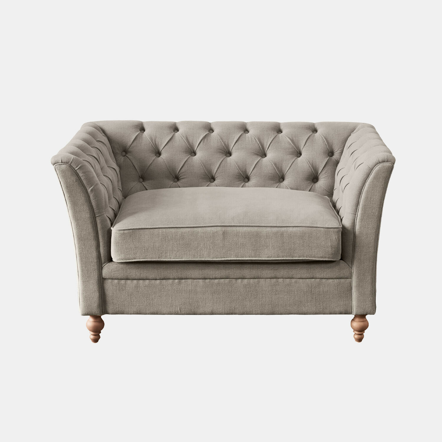 gris Sofá gris tapizado con respaldo capitoné y patas de madera, mueble cómodo para salón